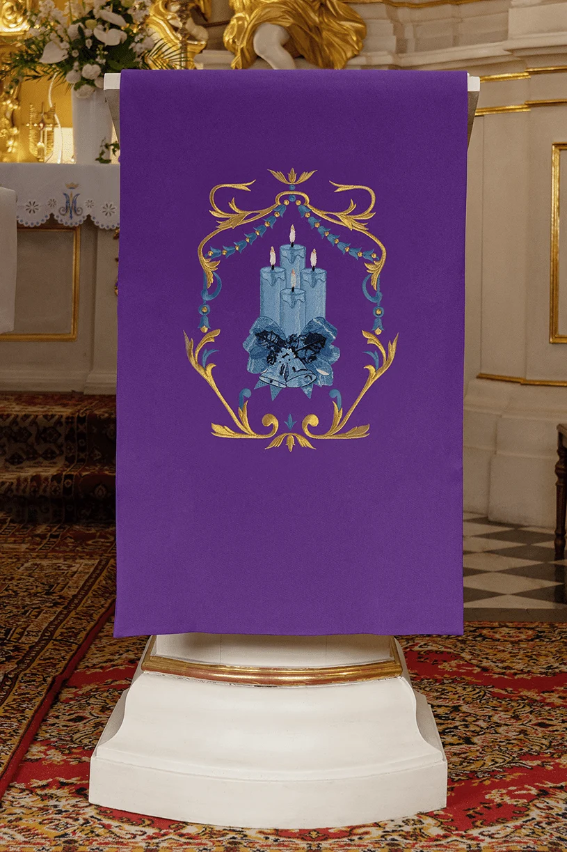 Purple advent lectern cover embroidered with Candle motifs