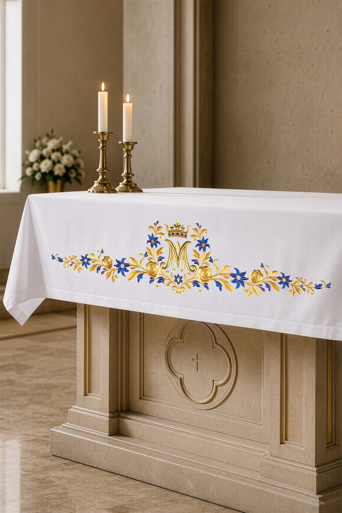 Altar cloth with an embroidered Marian symbol