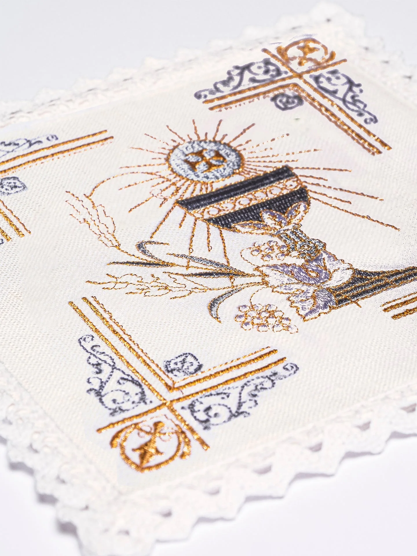 Altar linens set with silver chalice and IHS embroidery - Image 2