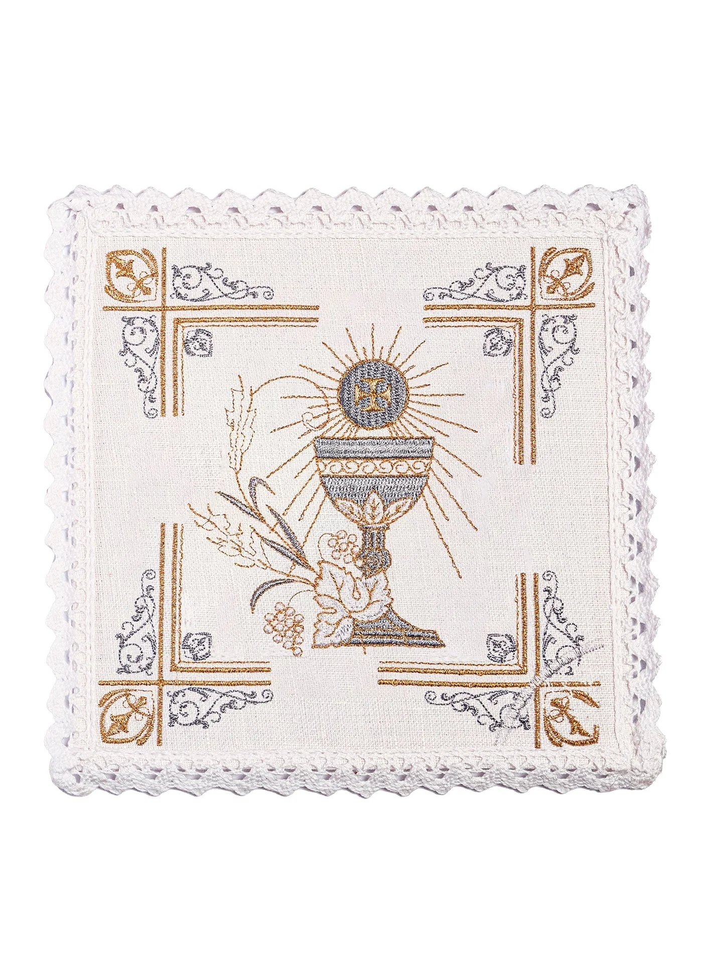 Altar linens set with silver chalice and IHS embroidery - Image 3