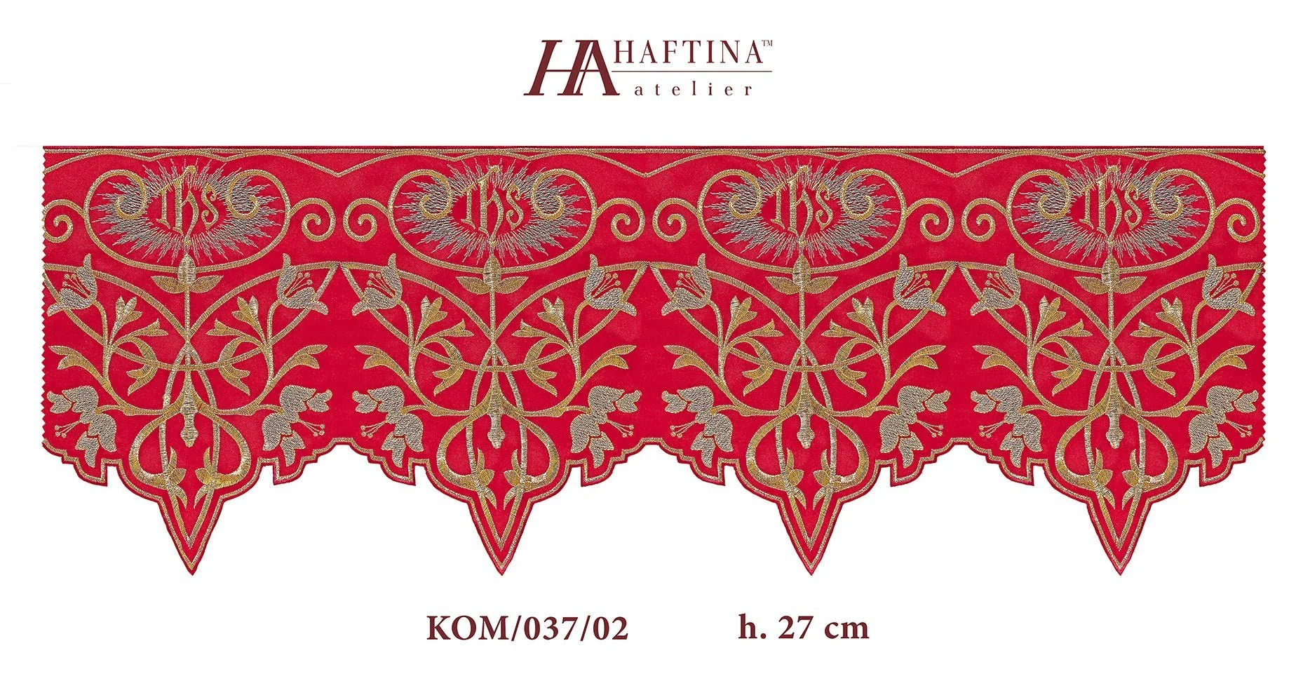 Altar superfrontal in red with gold IHS embroidery - Image 3