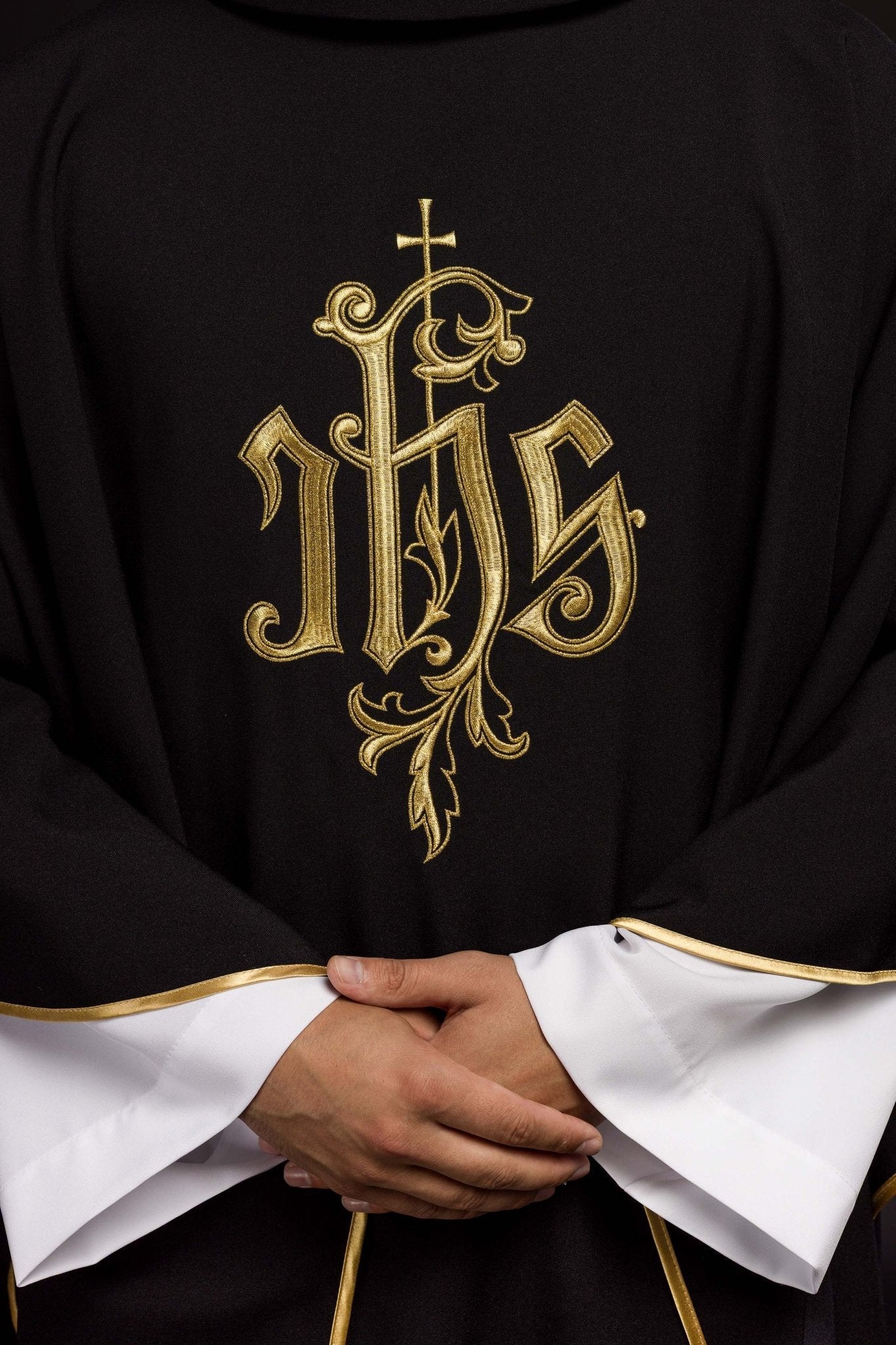 Black chasuble with gold raised IHS embroidery - Image 3