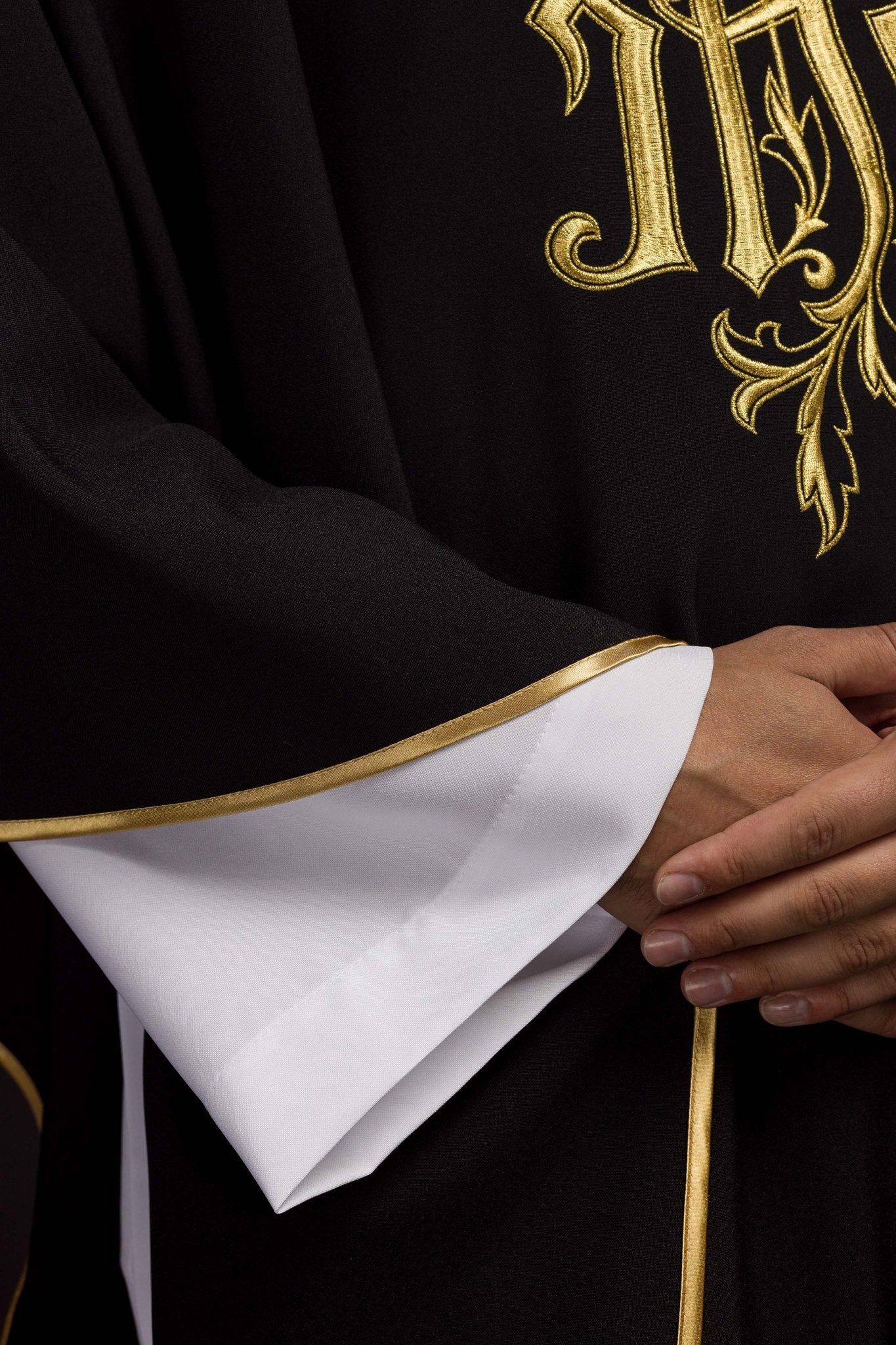 Black chasuble with gold raised IHS embroidery - Image 4