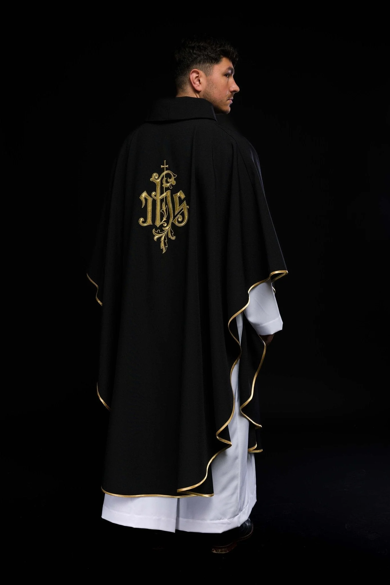 Black chasuble with gold raised IHS embroidery - Image 7