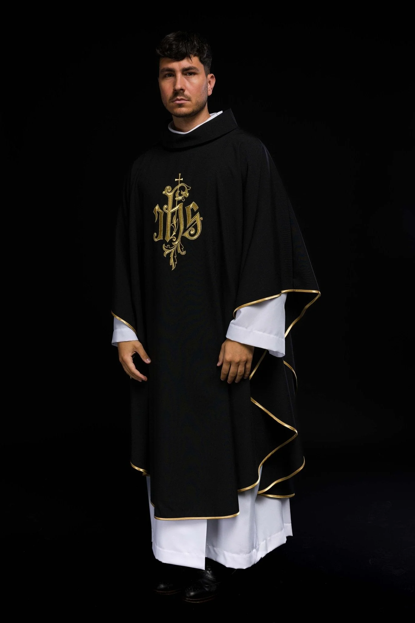 Black chasuble with gold raised IHS embroidery - Image 8