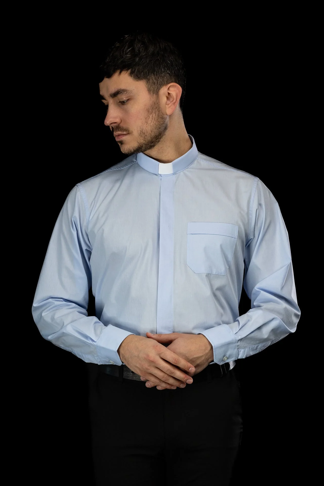 Blue long-sleeved clerical shirt with clerical collar - Image 9
