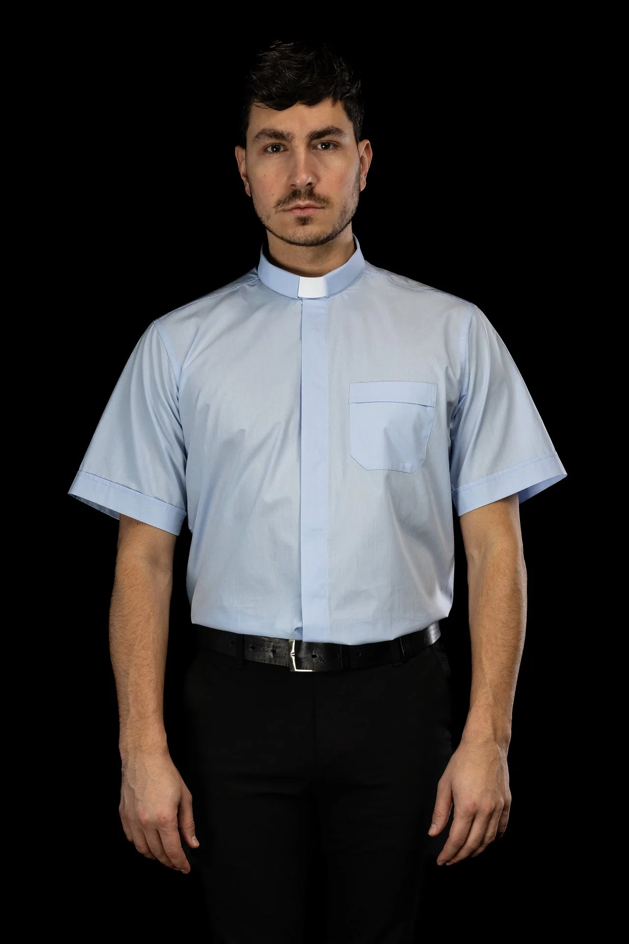 Blue short-sleeved clerical shirt with clerical collar