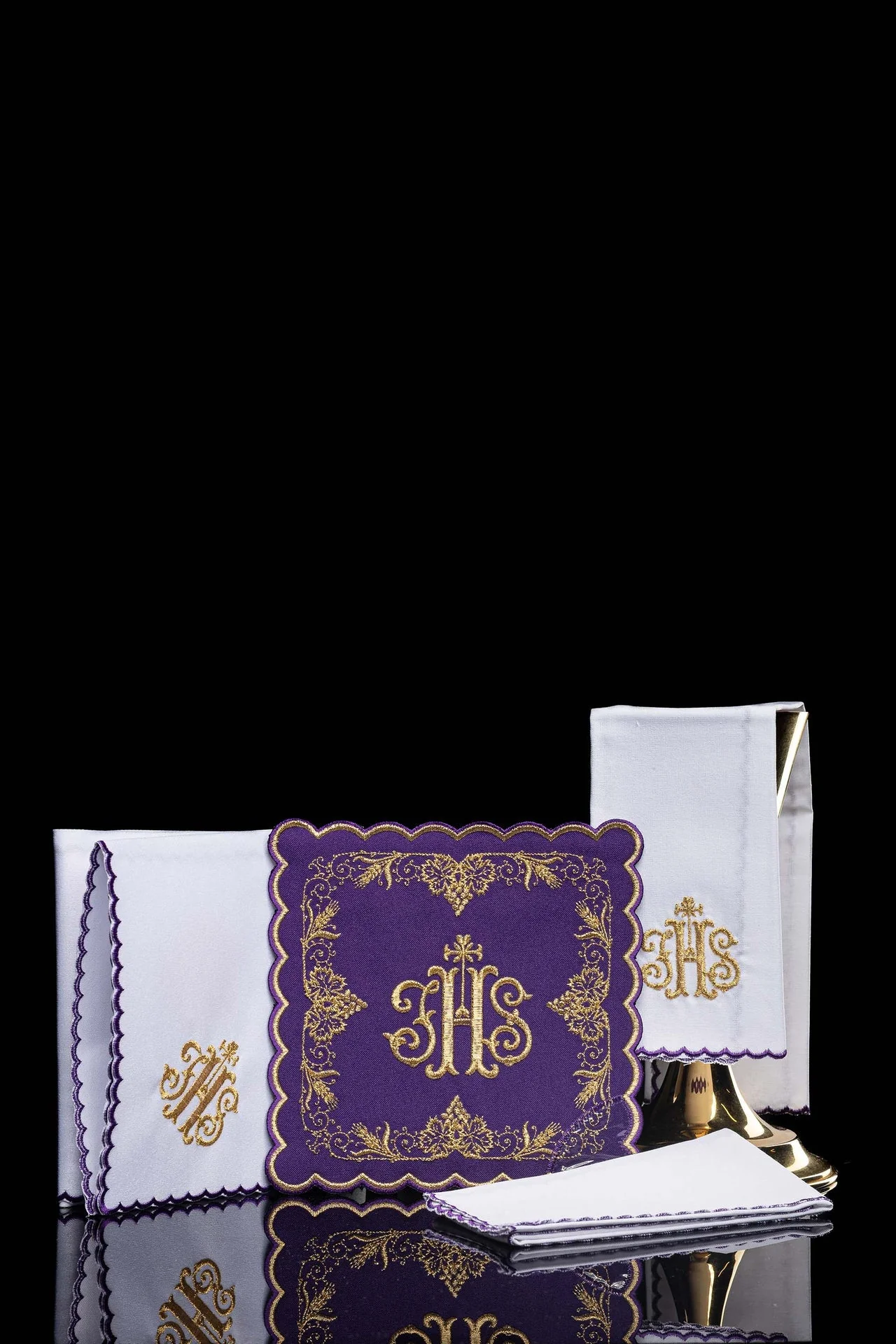 Chalice Linen Set embroidered with a purple IHS motif