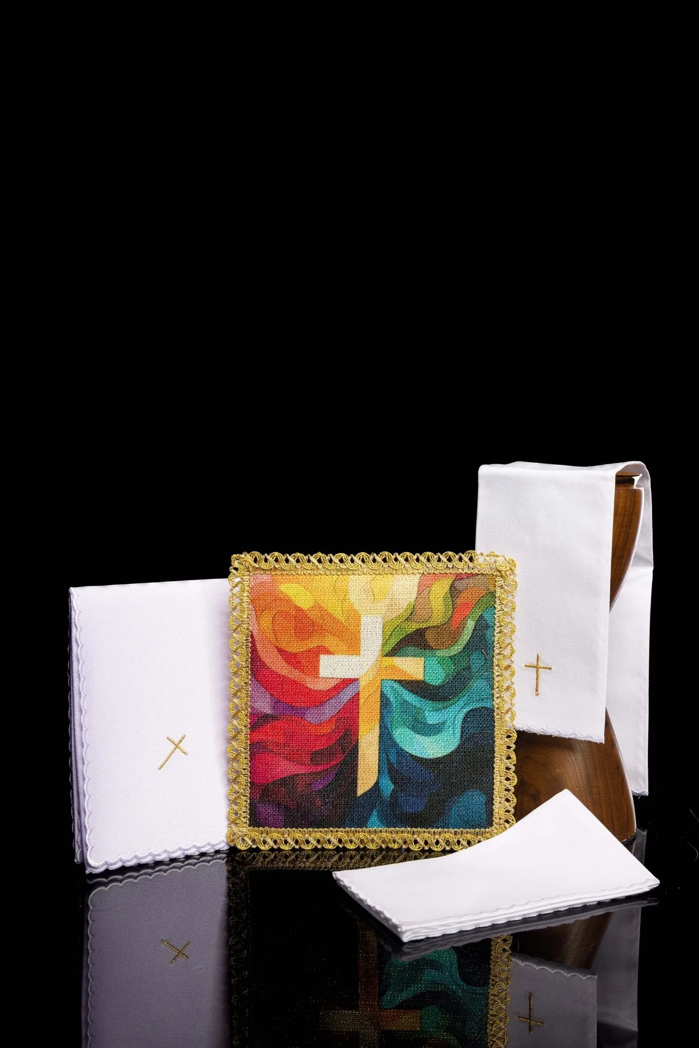 Chalice linens set with a colorful printed cross motif