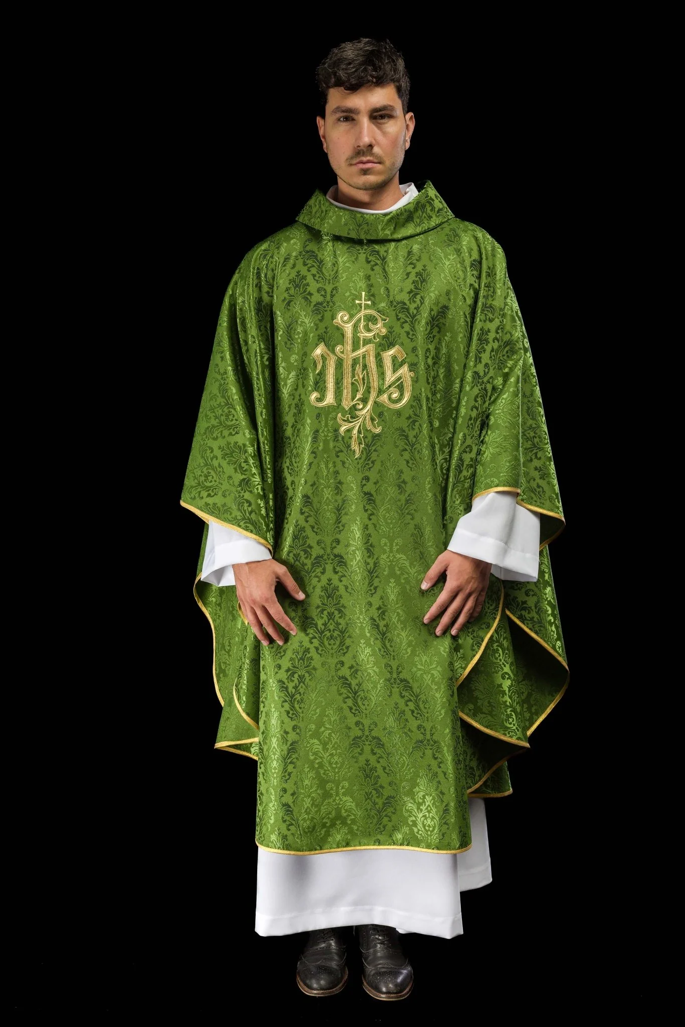 Chasuble made of green floral ornamental texture with classic IHS - Image 2