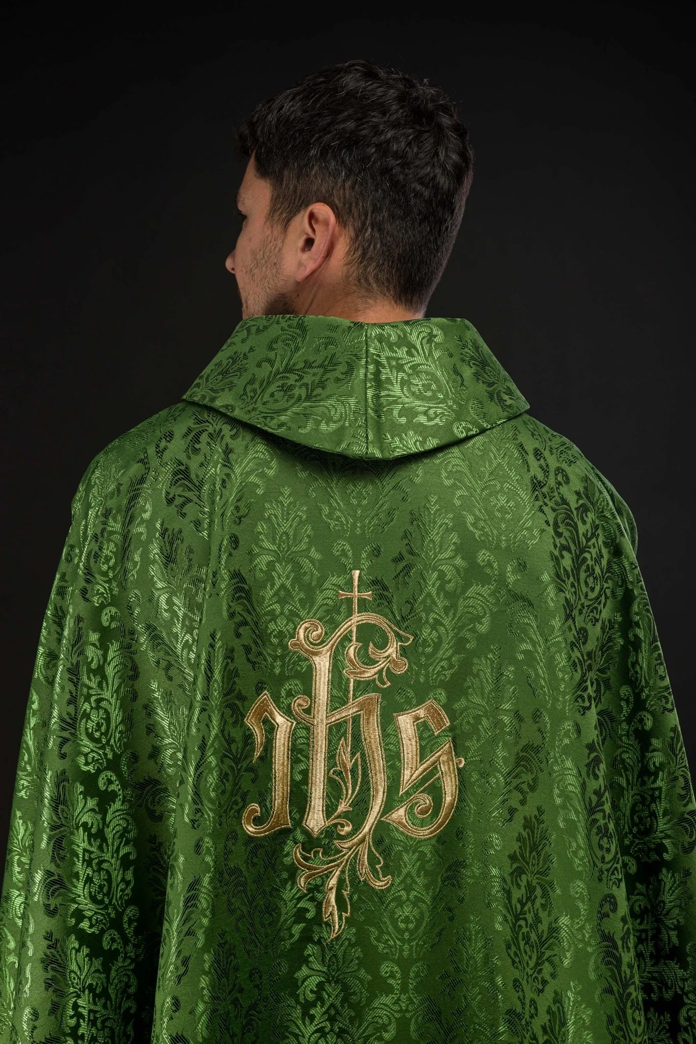 Chasuble made of green floral ornamental texture with classic IHS - Image 7