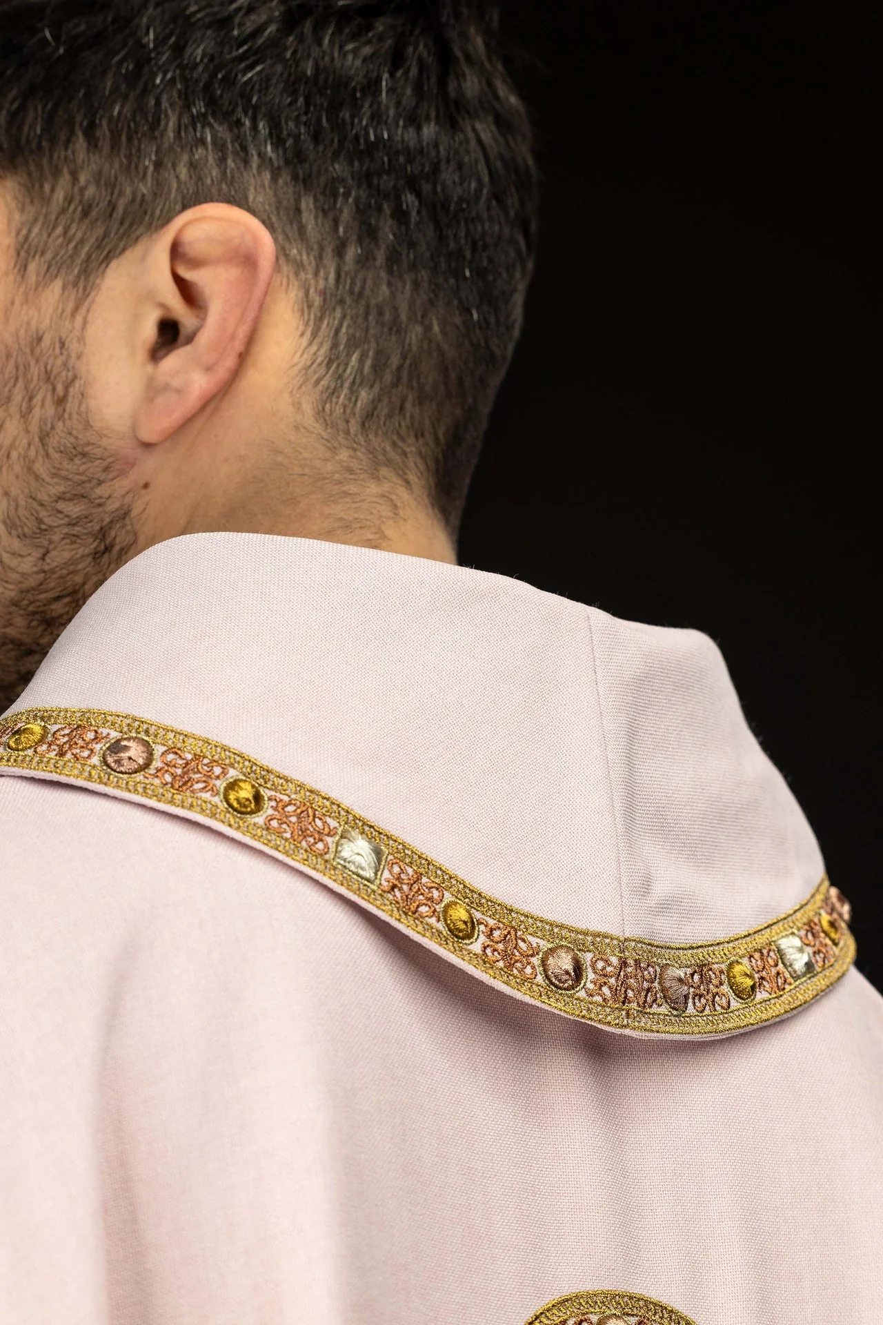 Chasuble with pink trim around the IHS embroidery and collar - Image 6