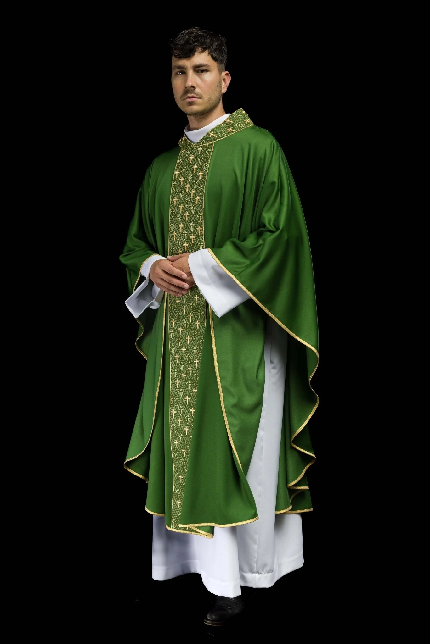 Chasuble with richly embroidered belt in green crosses - Image 8