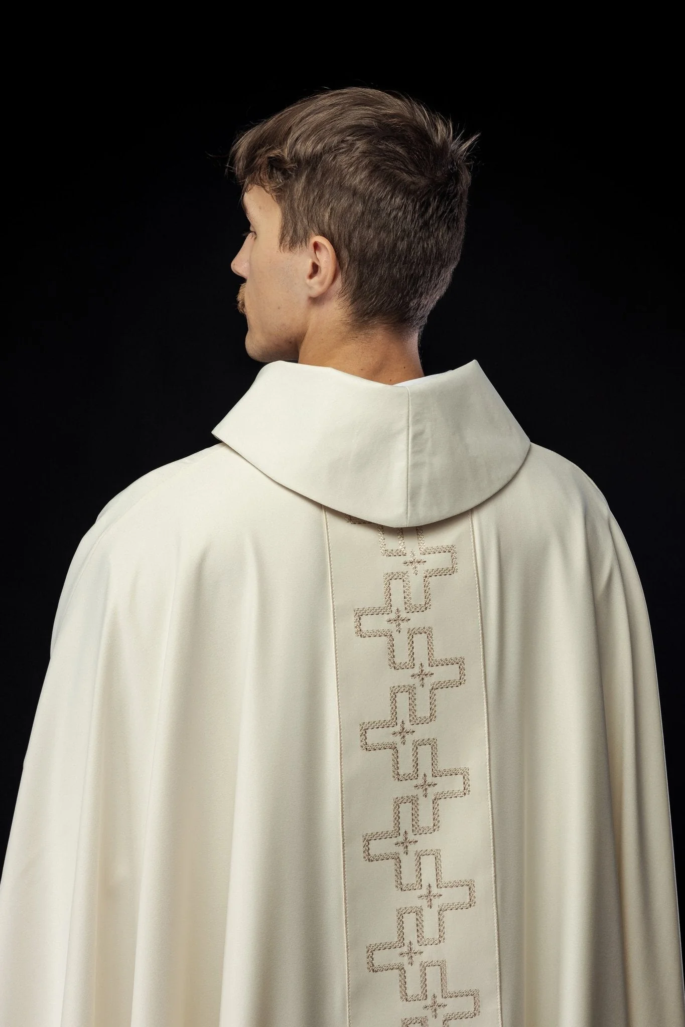 Chasuble with richly embroidered orphrey in embroidery of crosses in ecru color - Image 4