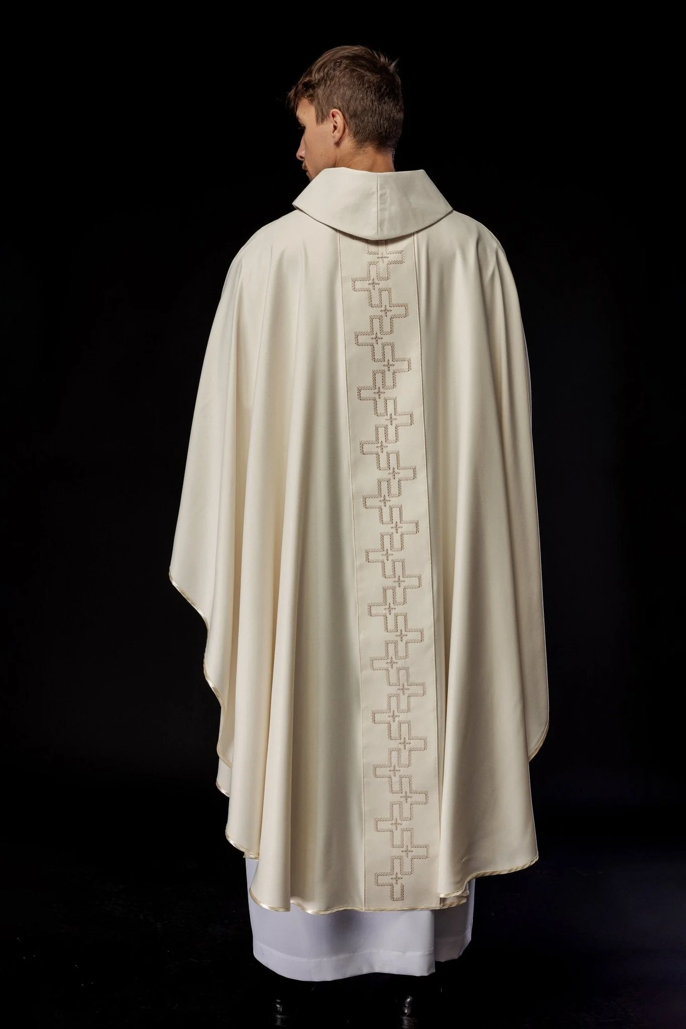 Chasuble with richly embroidered orphrey in embroidery of crosses in ecru color - Image 6