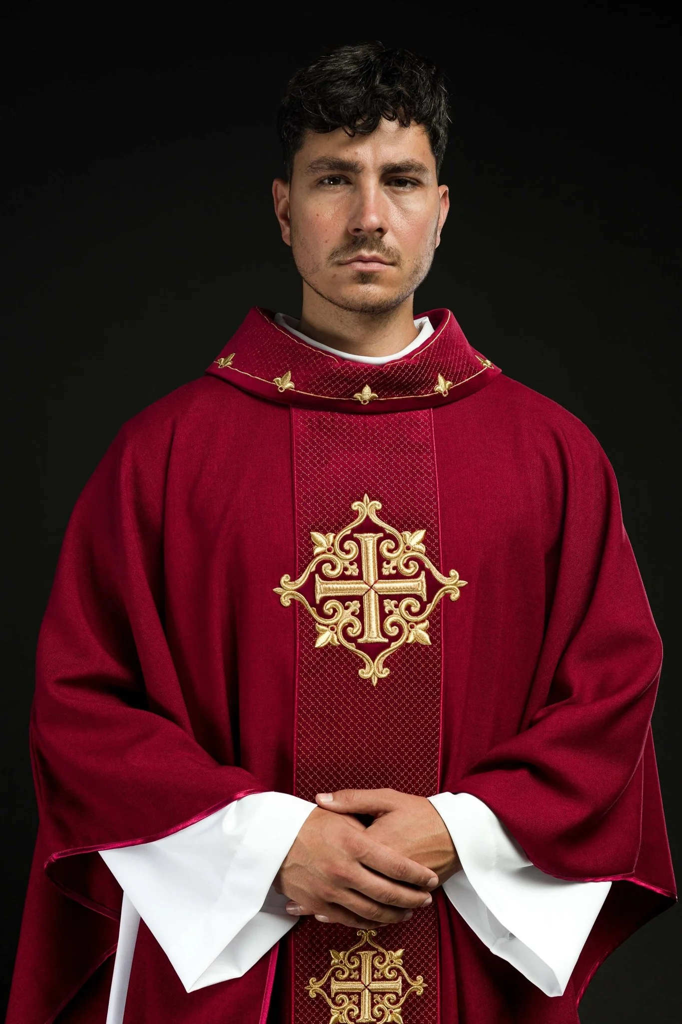 Chasuble with Velvet Red Band and Cross Embroidery