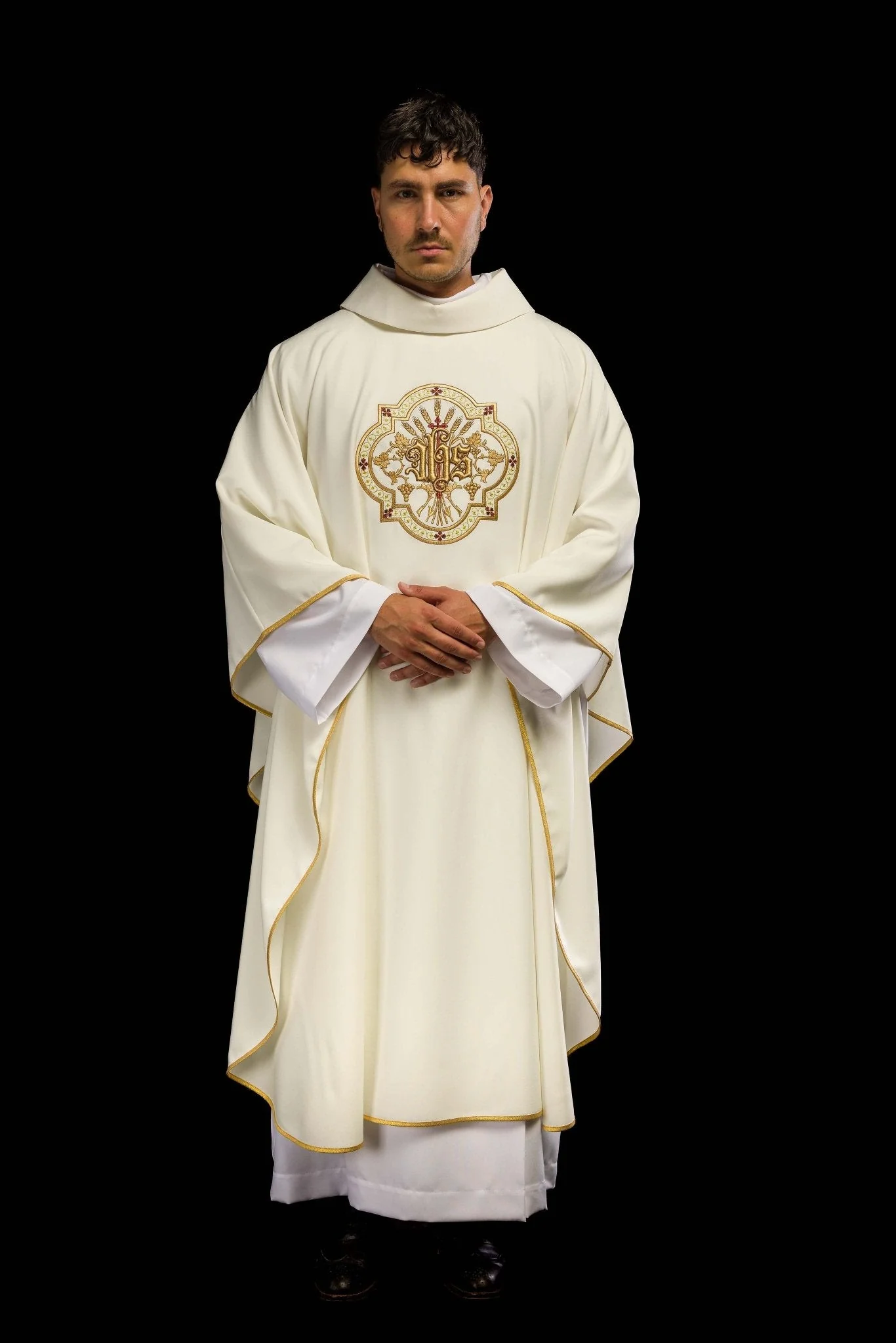 Cream chasuble with IHS and PAX embroidery