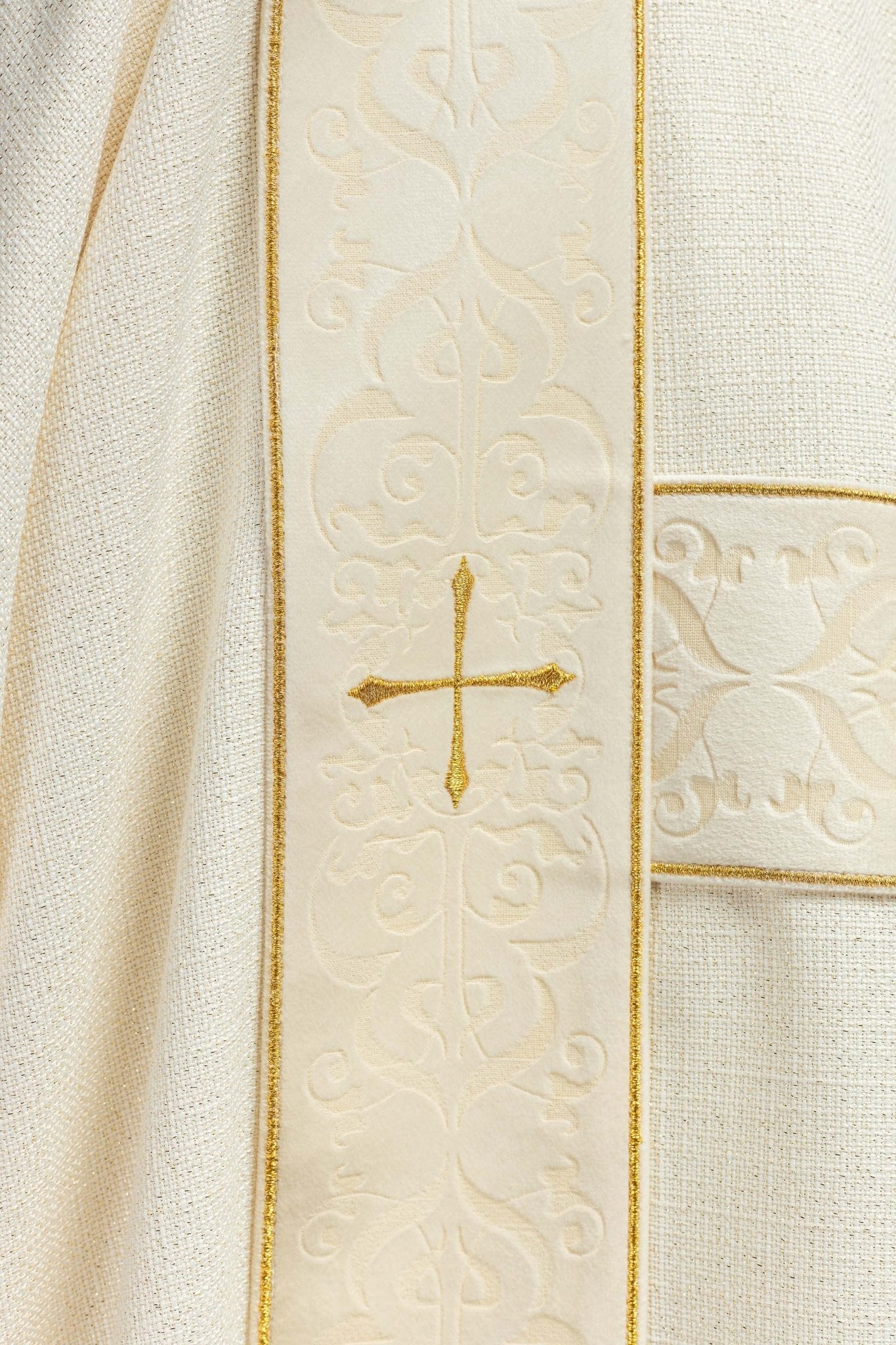 Curtain with velvet stripes and embroidered gold crosses, ecru - Image 4