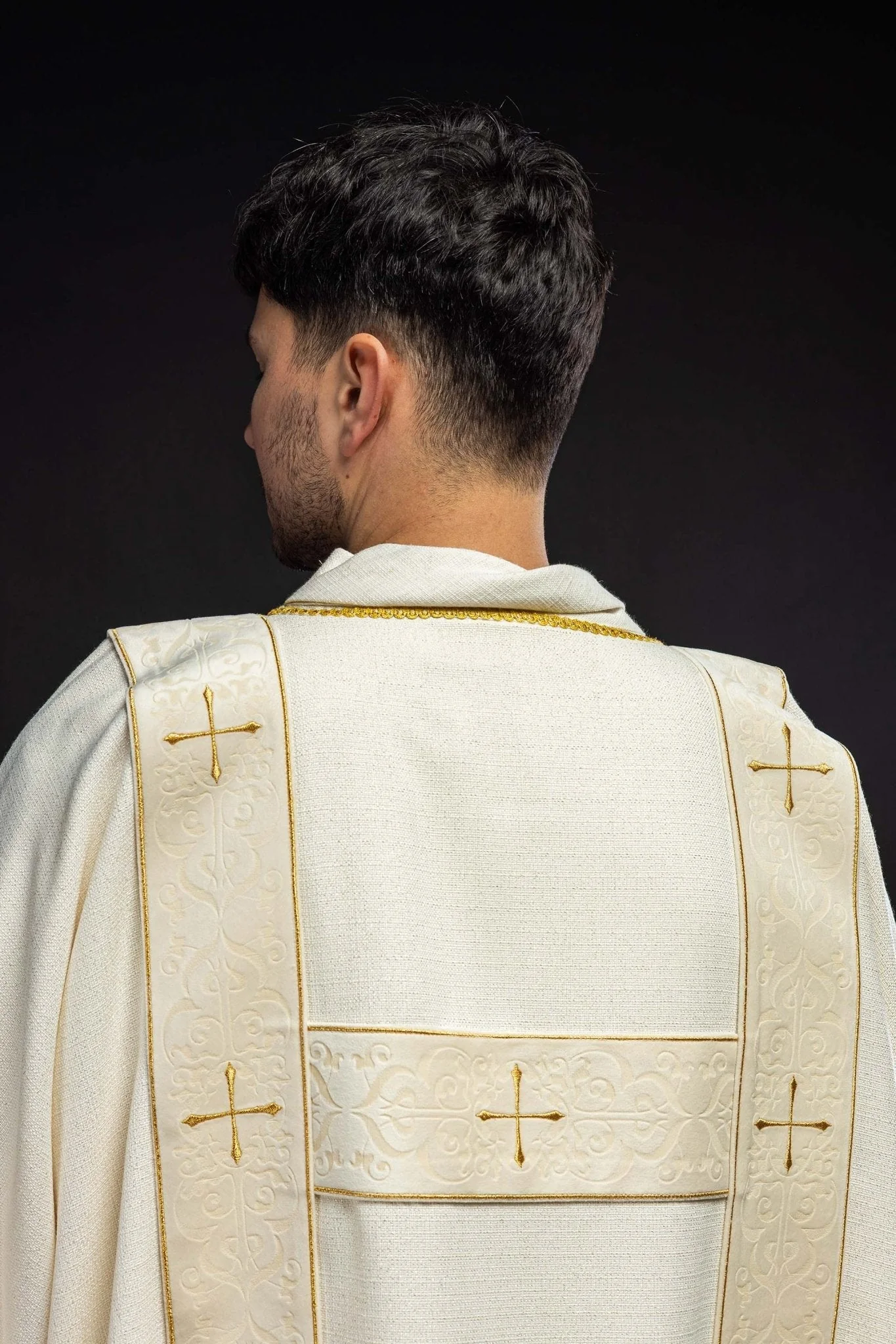 Curtain with velvet stripes and embroidered gold crosses, ecru - Image 6