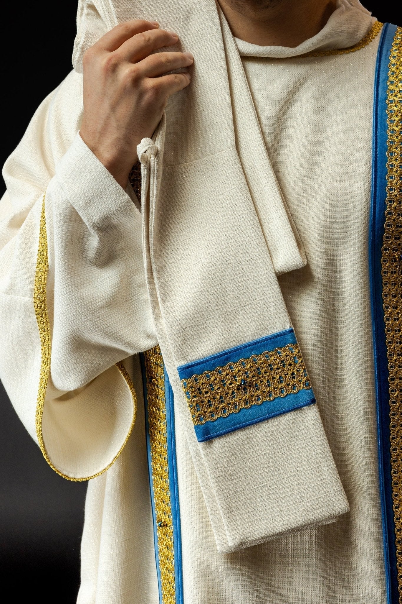 Dalmatic chasuble with blue orphrey and natural stones Handmade 1001 - Image 2