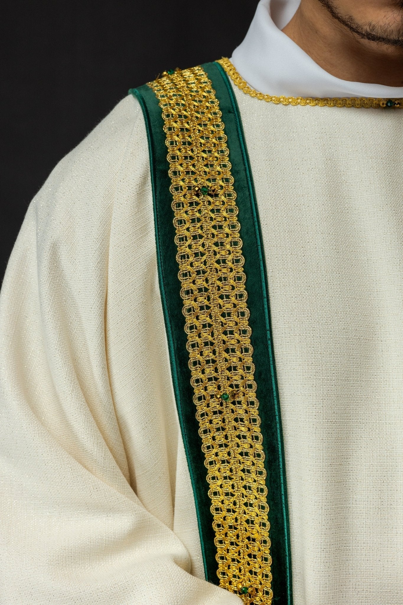 Dalmatic in Ivory Italian Fabric with Green and Gold Orphreys - Image 3