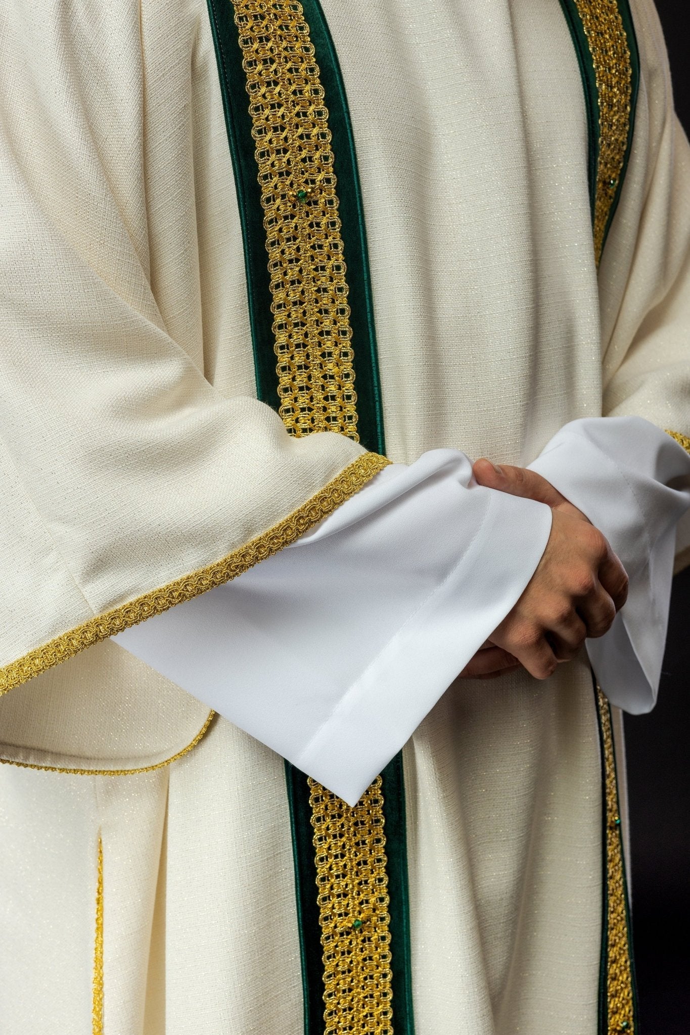 Dalmatic in Ivory Italian Fabric with Green and Gold Orphreys - Image 4