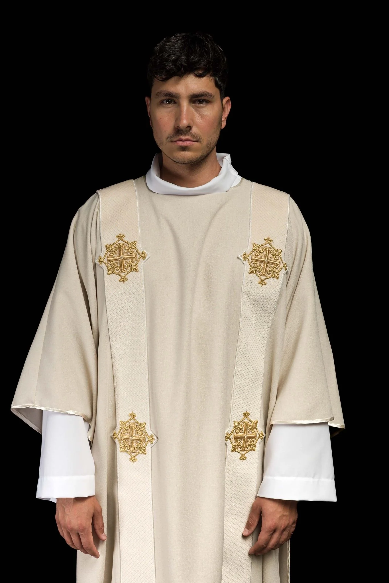 Ecru dalmatic with velvet bands and cross symbols