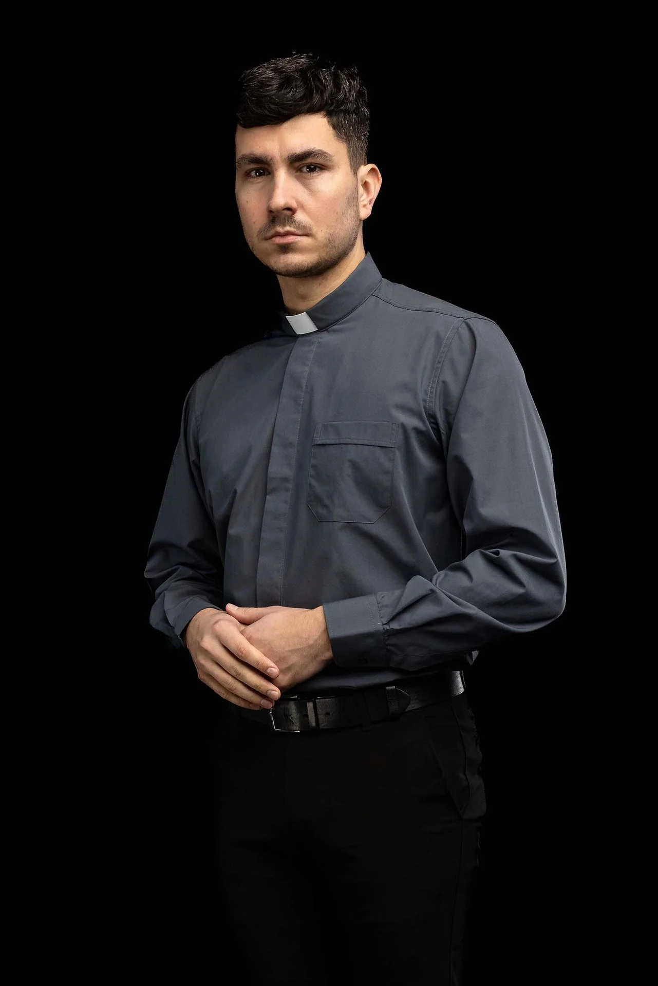 Dark grey long-sleeved clerical shirt with clerical collar - Image 8