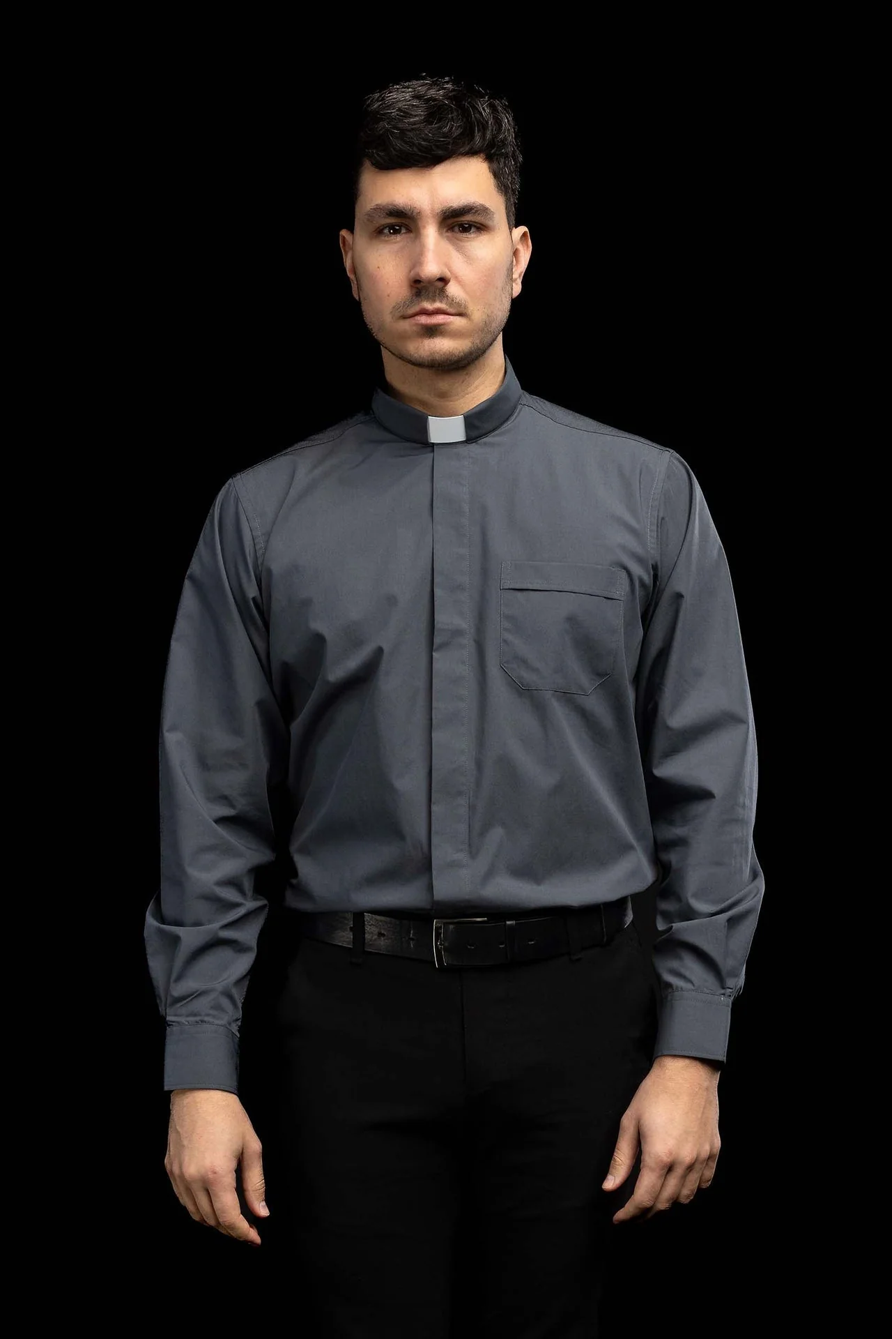 Dark grey long-sleeved clerical shirt with clerical collar - Image 9