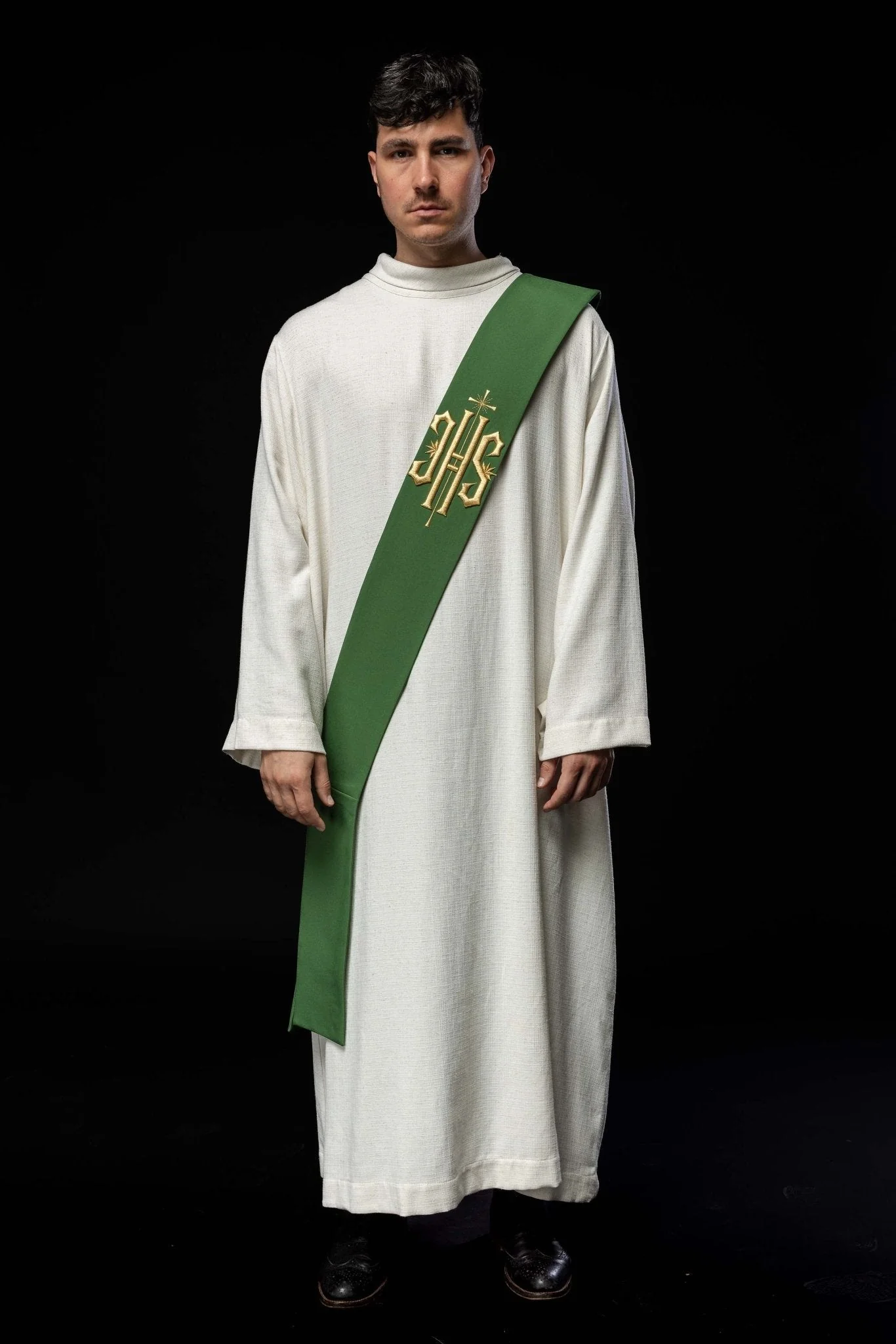 Deacon stole embroidered with IHS and Cross in green - Image 2