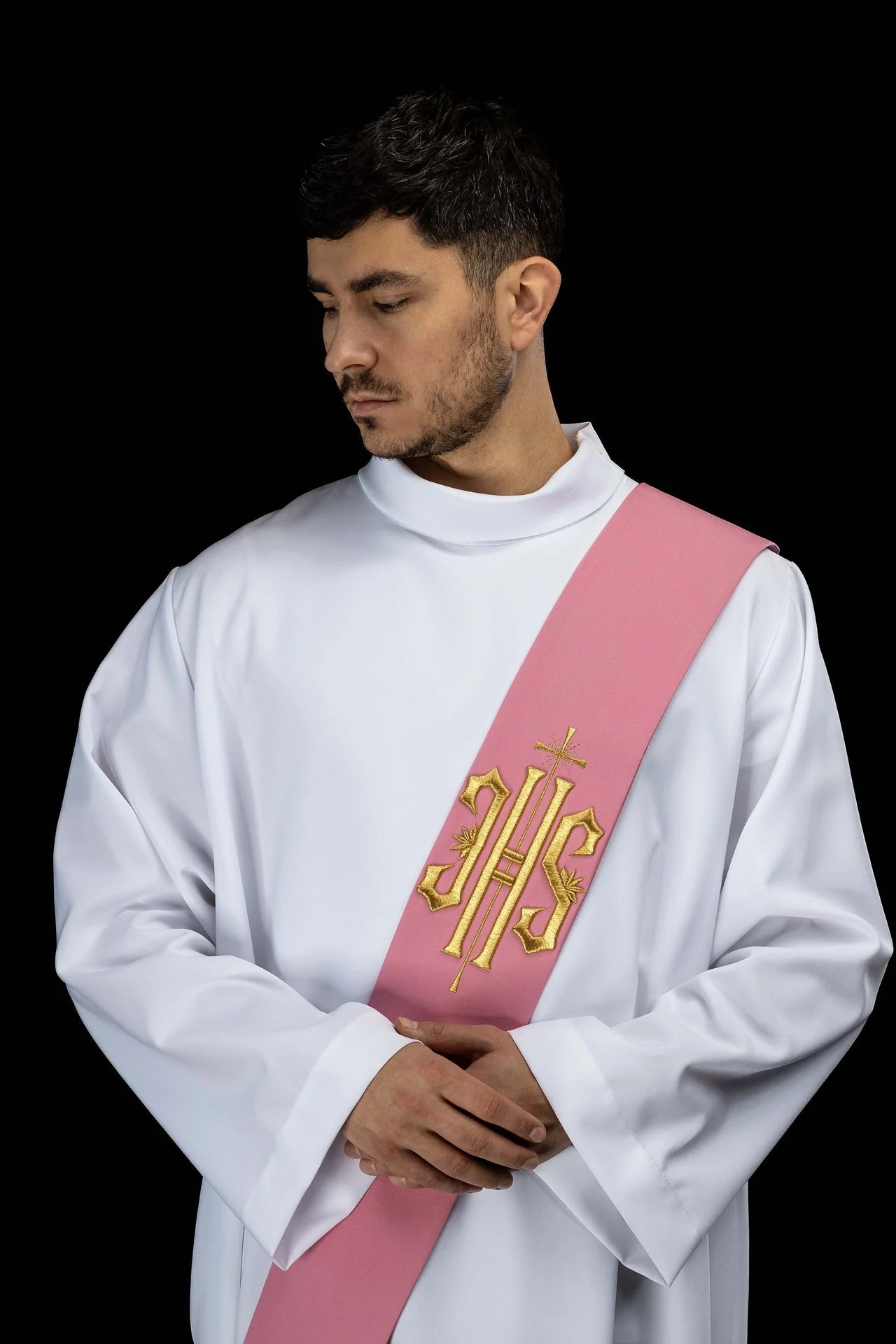 Deacon stole embroidered with IHS and Cross in pink
