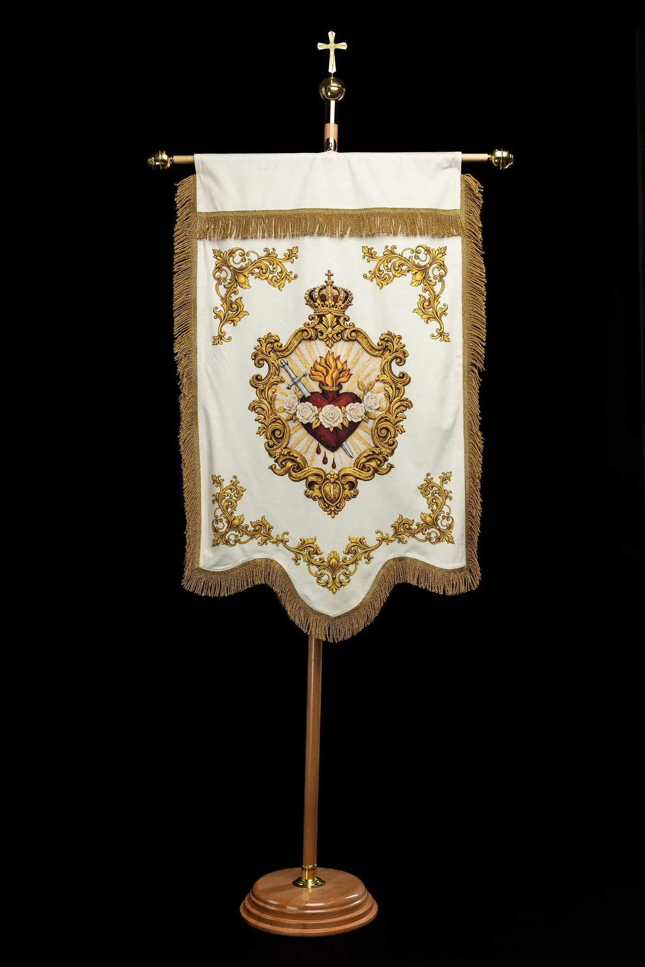 Double-Sided Printed Marian Liturgical Banner with Heart Symbol and Marian Monogram