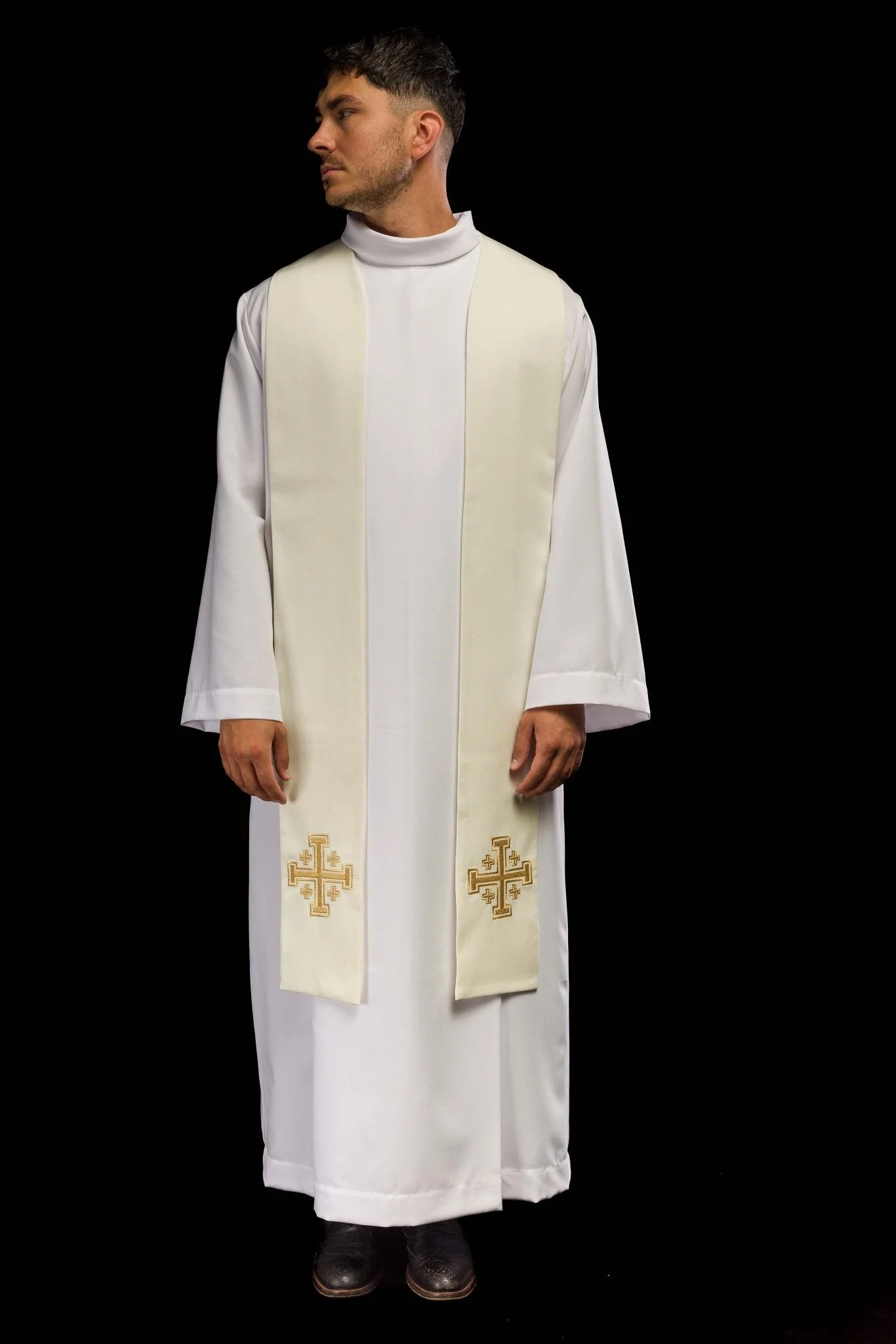 Ecru Jerusalem Cross embroidered priestly stole