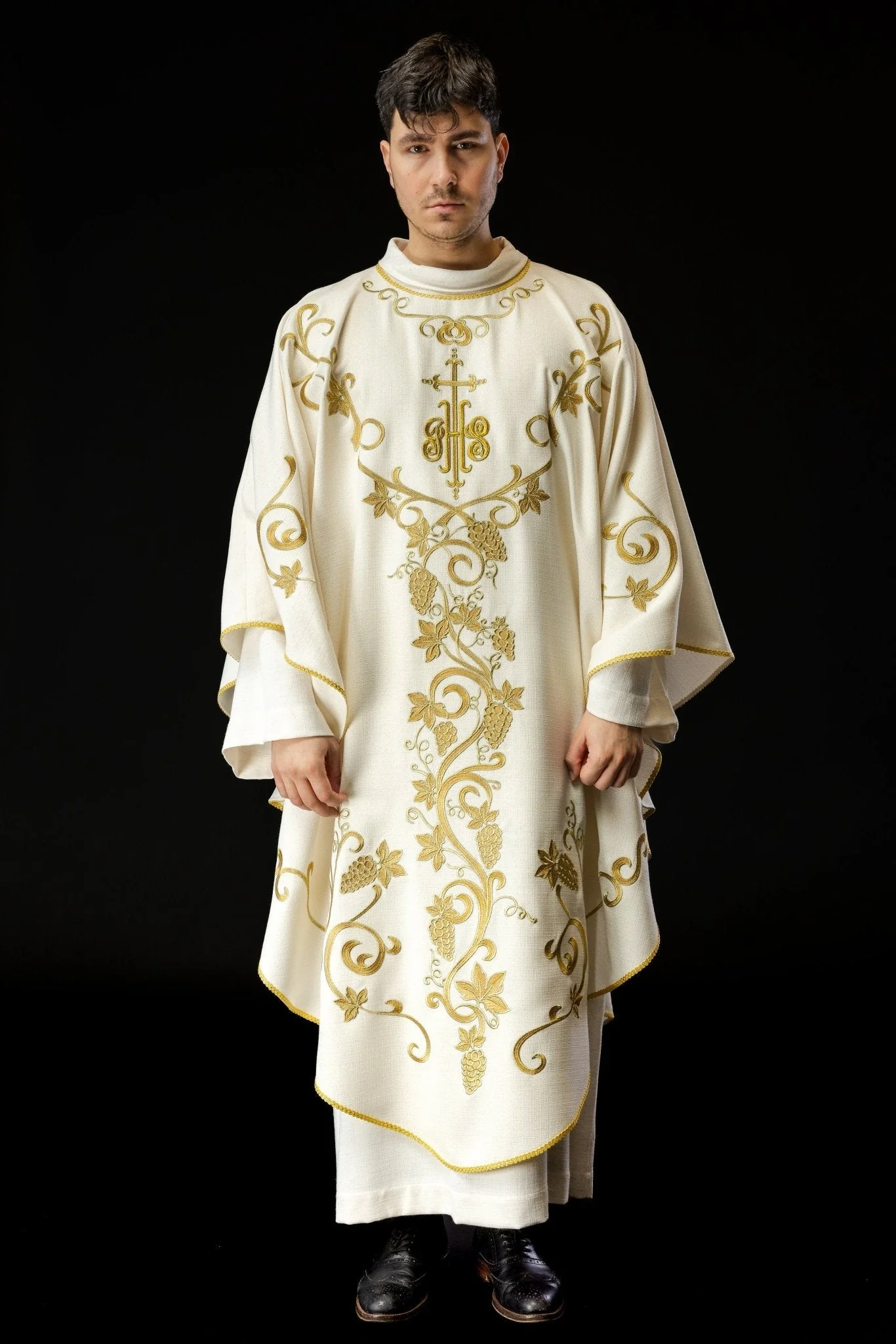 Ecru liturgical chasuble decorated with IHS embroidery and grapes