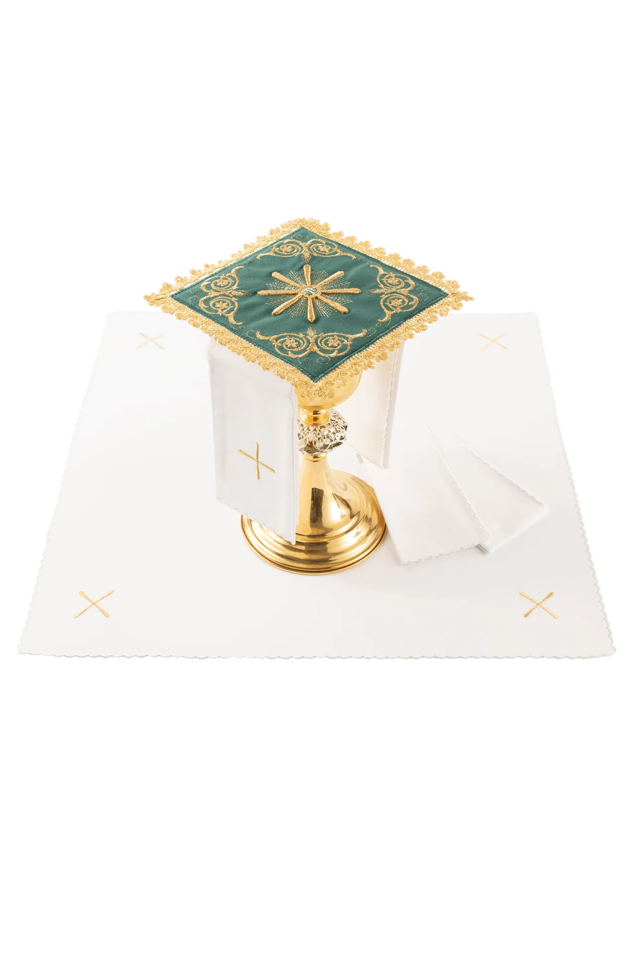 Embroidered chalice linens set green velvet