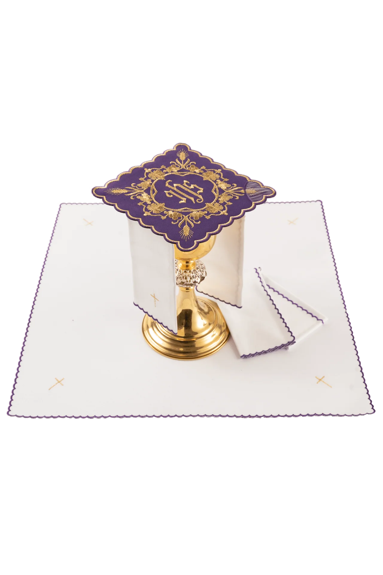 Embroidered chalice linens set with an IHS motif purple