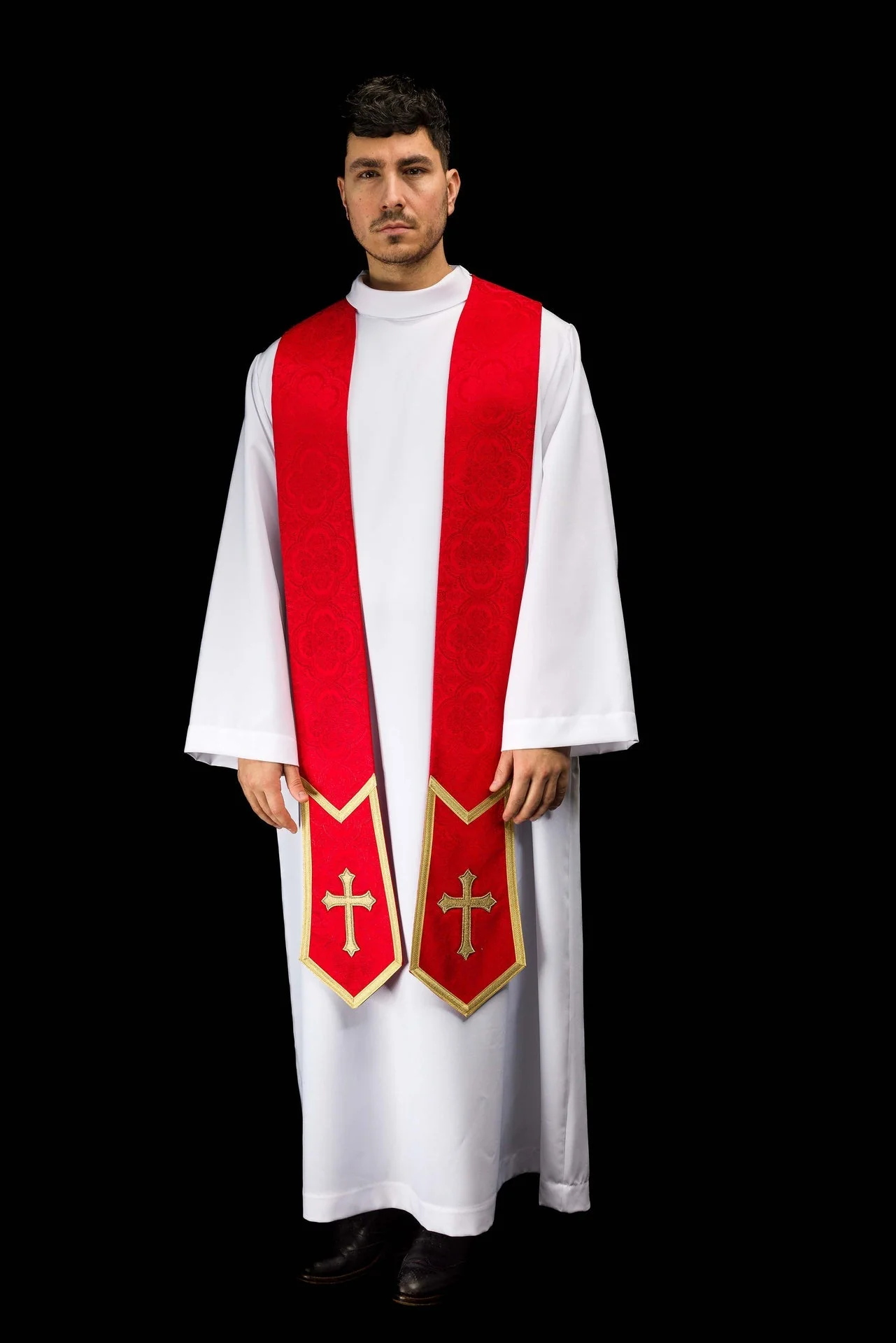 Embroidered stole with a Cross motif red jacquard fabric