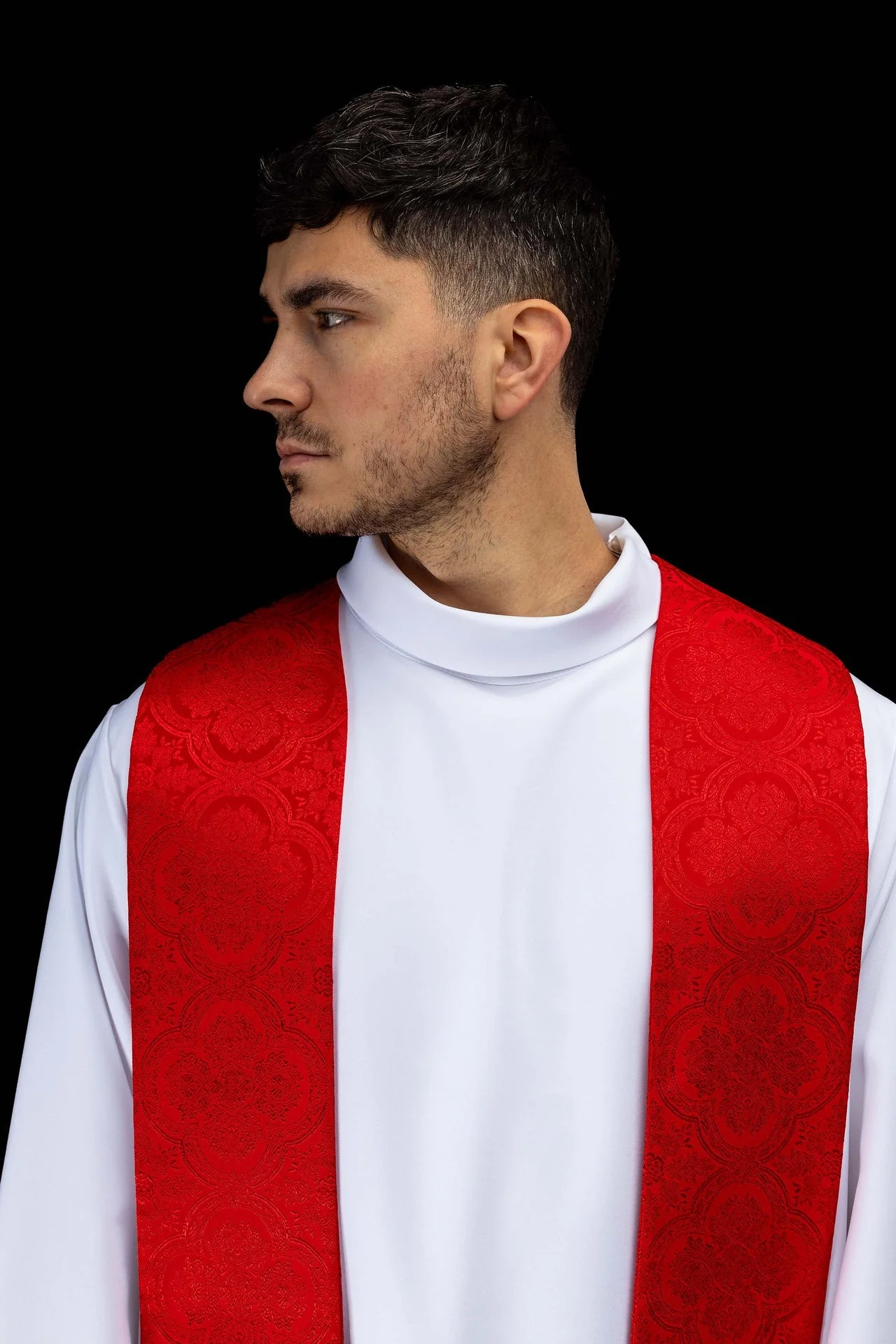 Embroidered stole with a Cross motif red jacquard fabric - Image 3