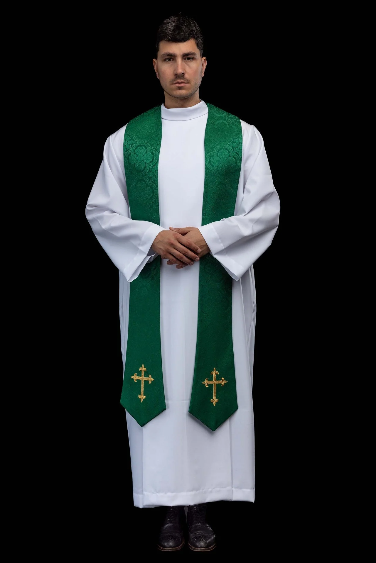 Embroidered Stole with Cross Motif Green Jacquard Fabric