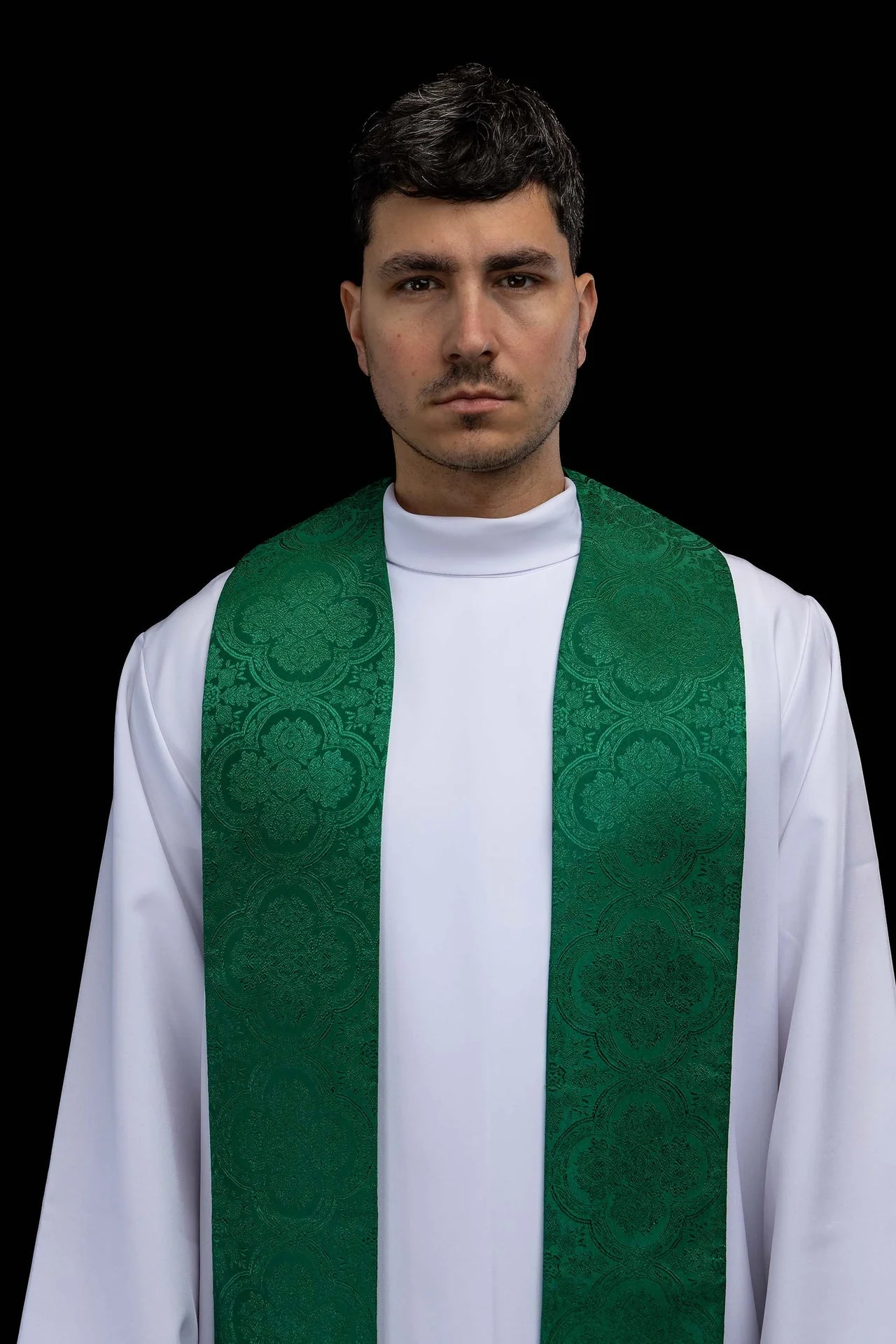 Embroidered Stole with Cross Motif Green Jacquard Fabric - Image 3