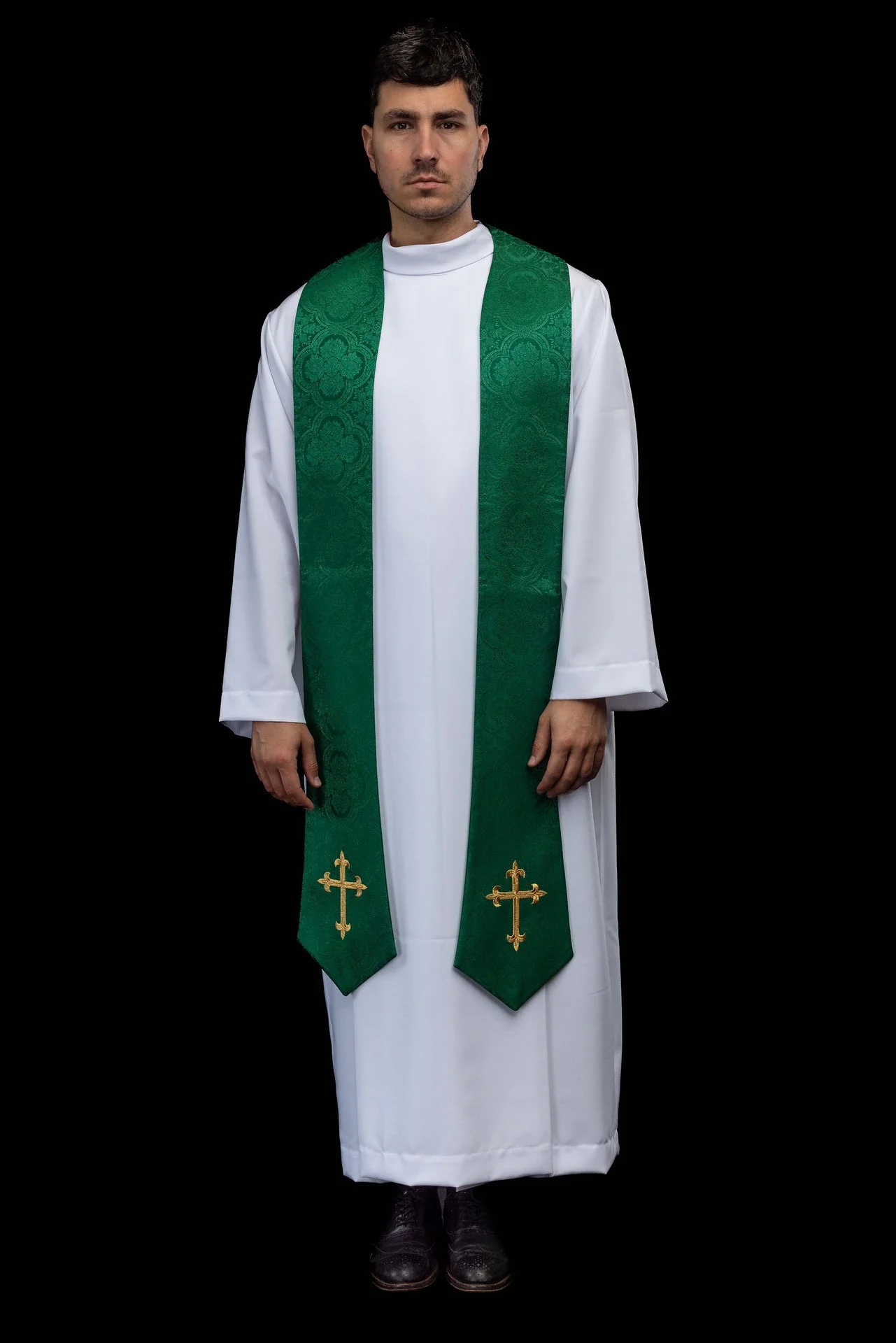 Embroidered Stole with Cross Motif Green Jacquard Fabric - Image 5
