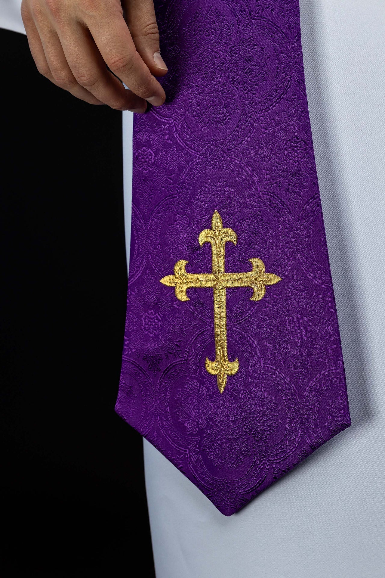 Embroidered Stole with Cross Motif Purple Jacquard Fabric - Image 2