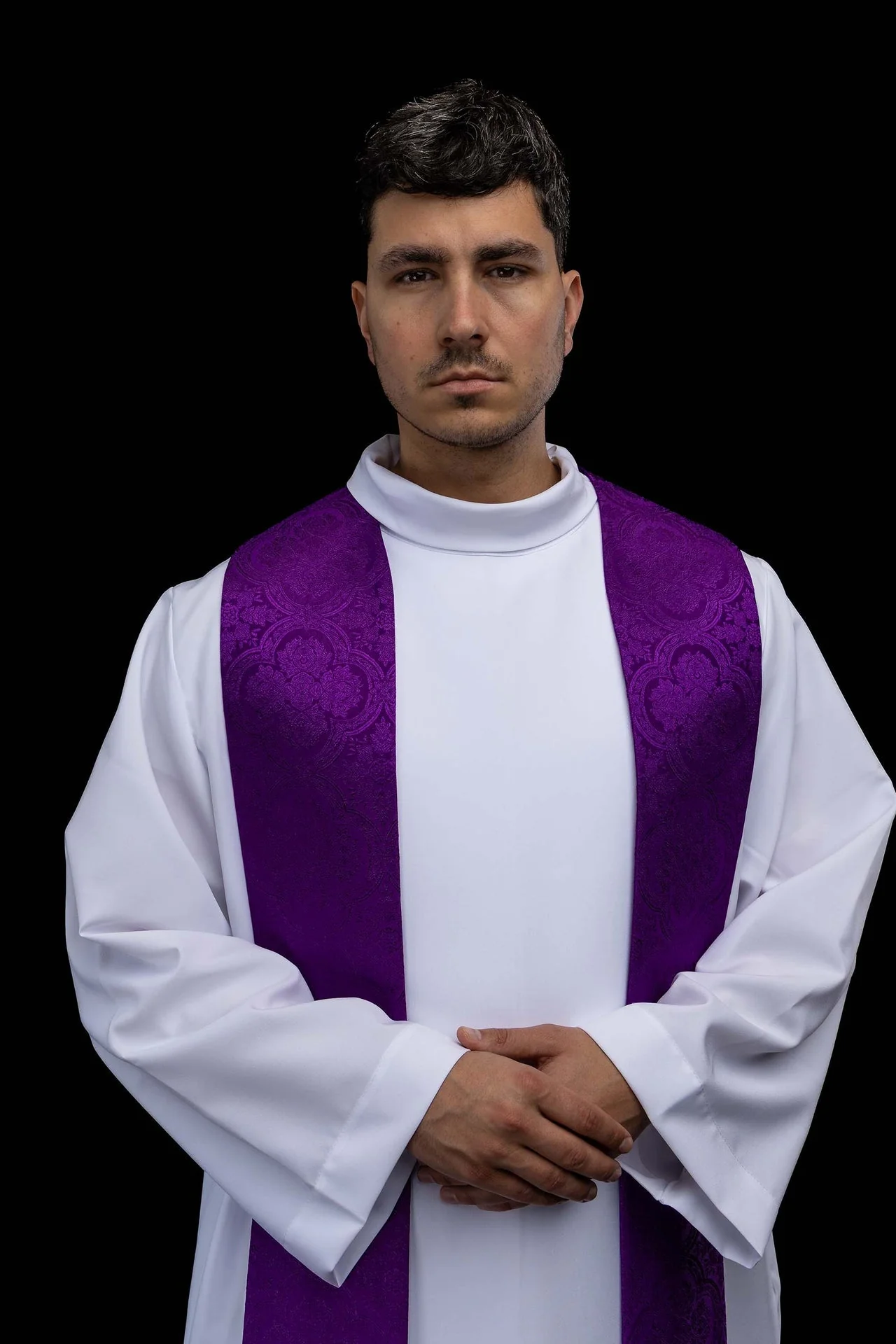 Embroidered Stole with Cross Motif Purple Jacquard Fabric - Image 3