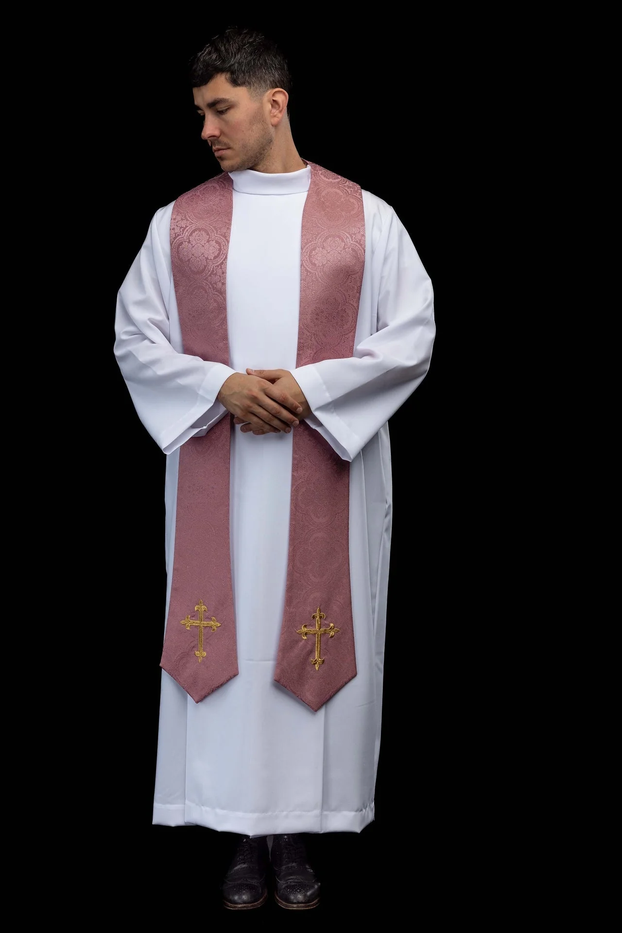 Embroidered Stole with Cross Motif Rose Jacquard Fabric
