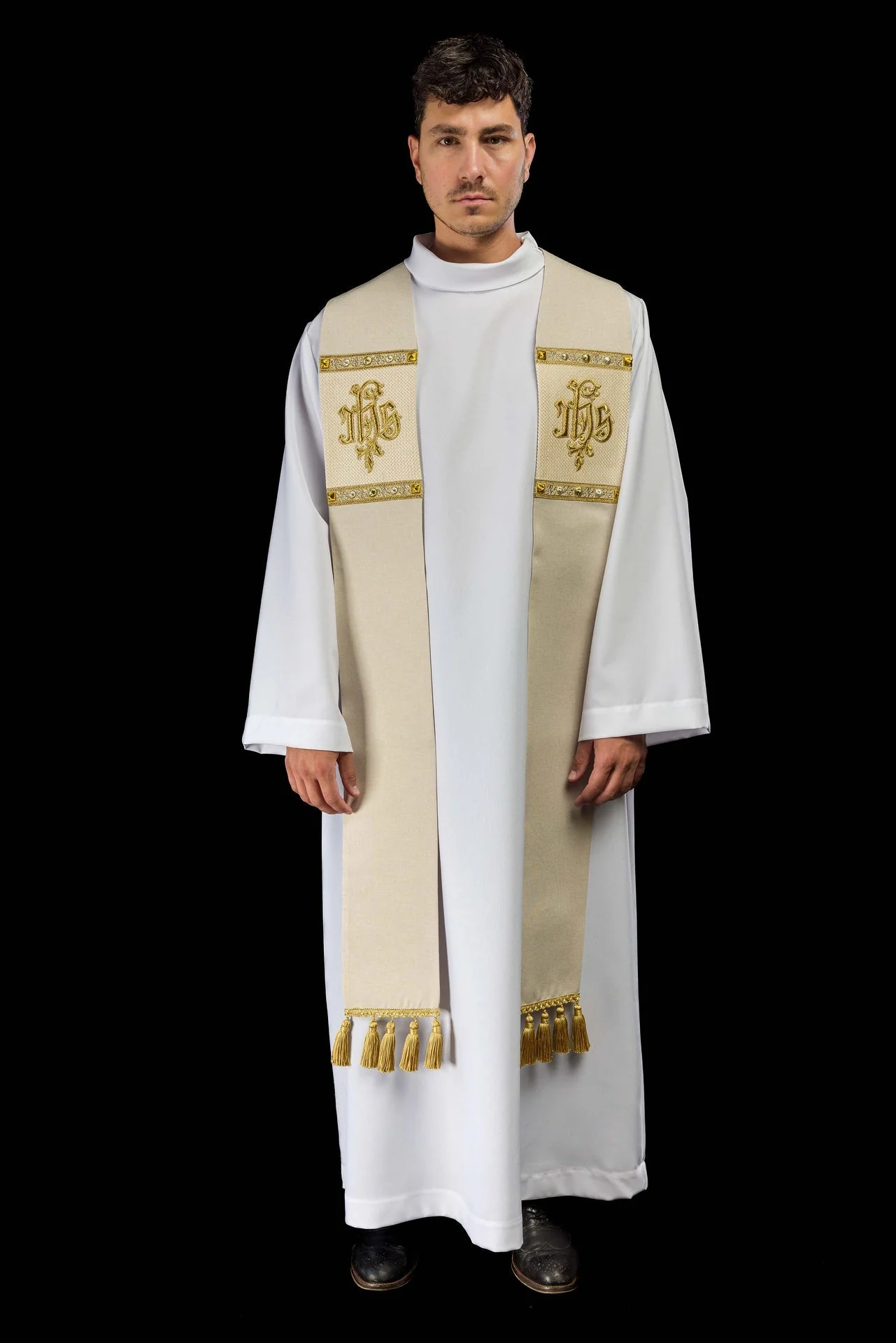 Embroidered Stole with IHS Motif in Ecru