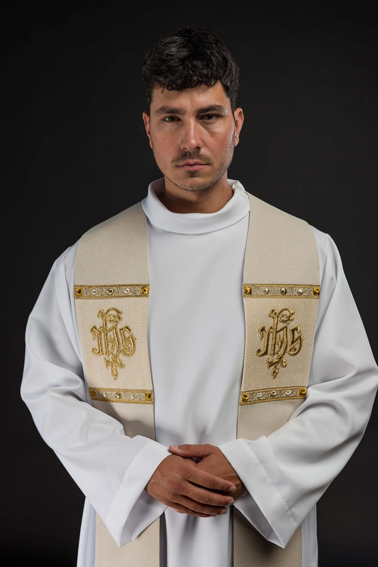 Embroidered Stole with IHS Motif in Ecru - Image 2