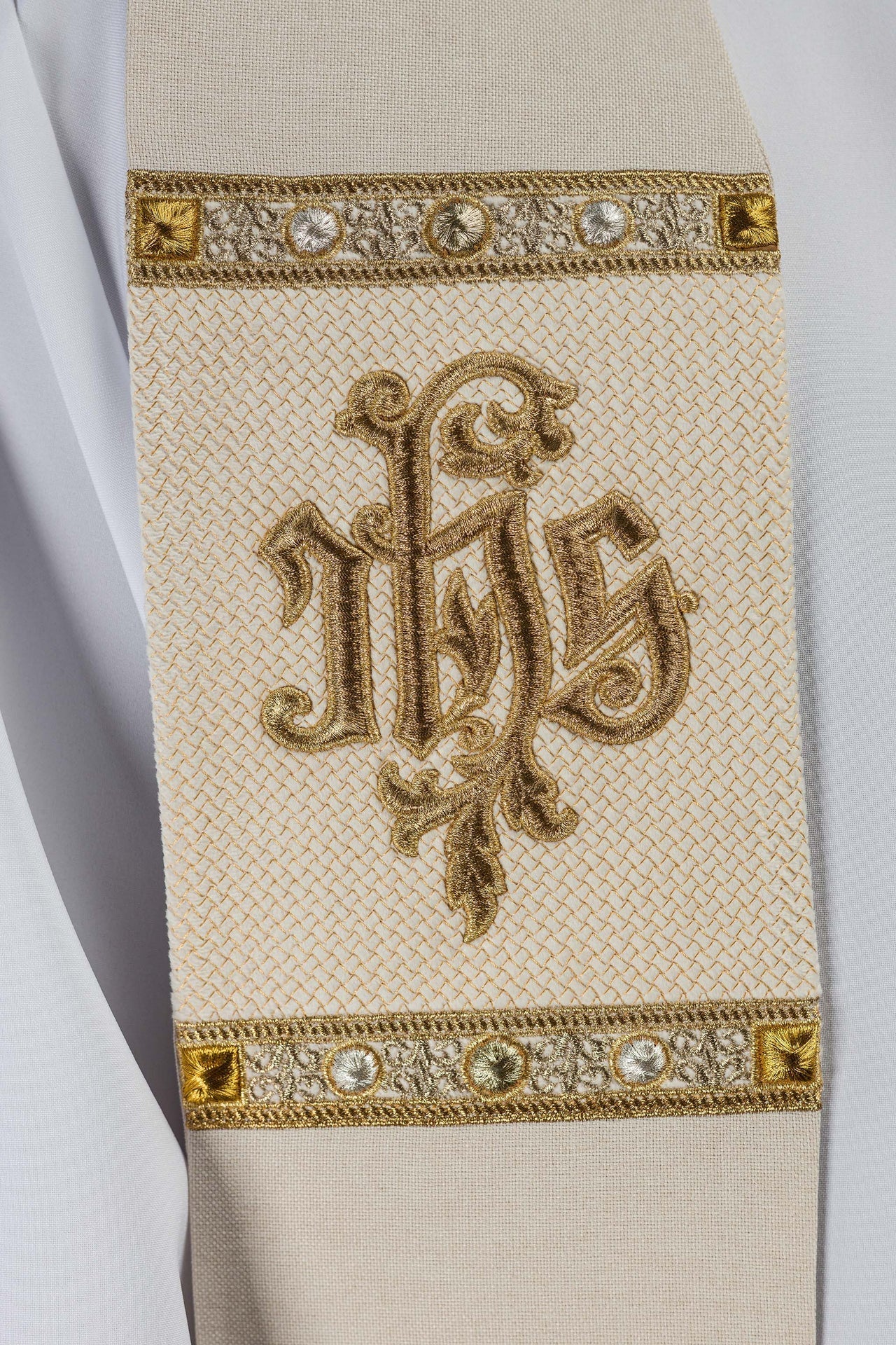 Embroidered Stole with IHS Motif in Ecru - Image 3