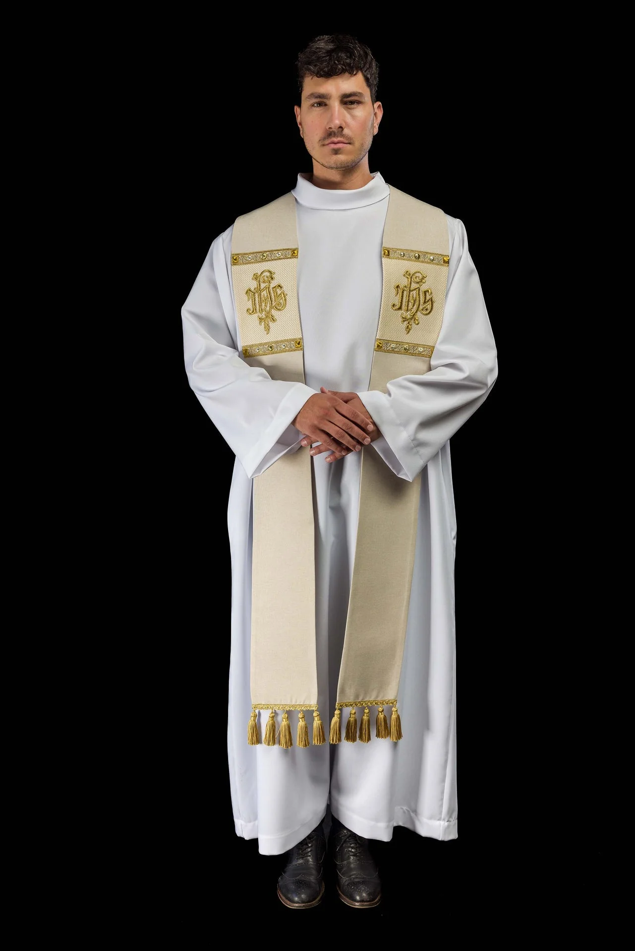 Embroidered Stole with IHS Motif in Ecru - Image 6