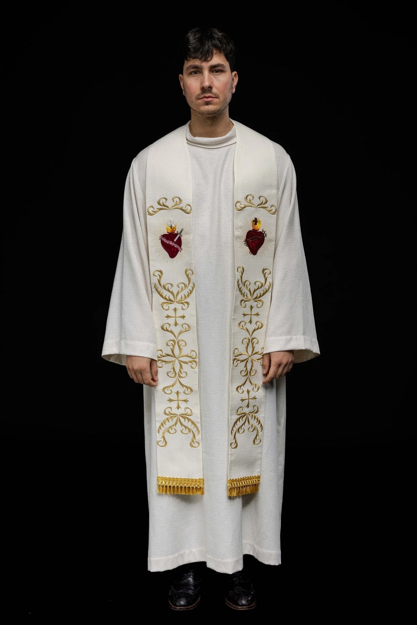 Embroidered stole with the heart of Jesus and Mary Ecru - Image 5