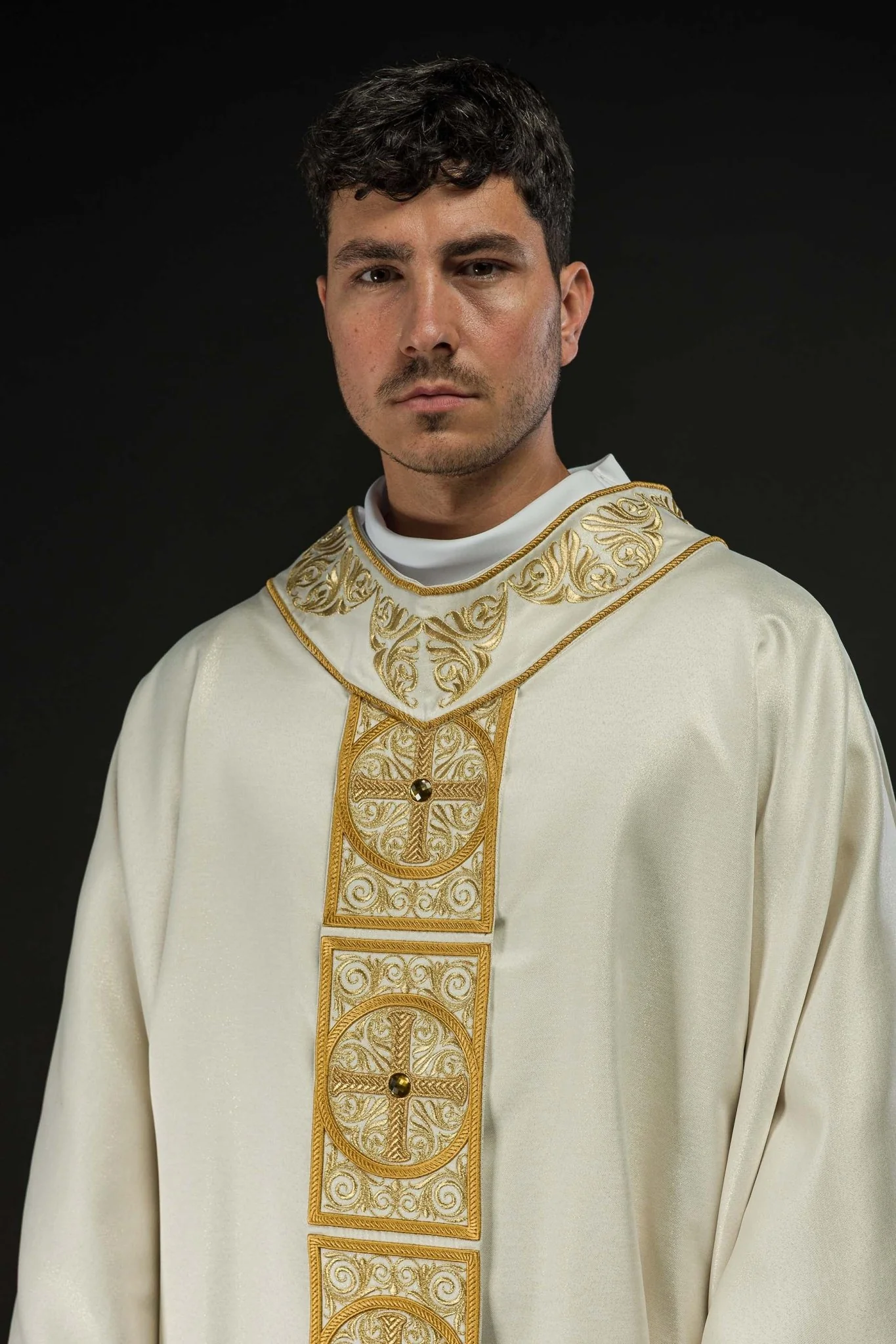 Gold Chasuble richly embroidered and decorated with ecru stones